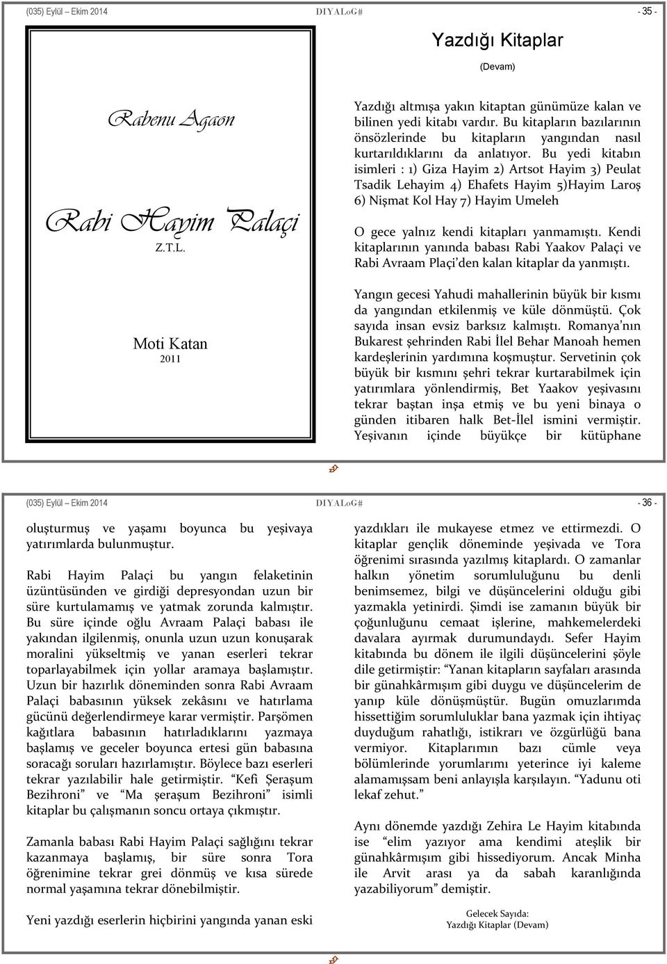 Bu yedi kitabın isimleri : 1) Giza Hayim 2) Artsot Hayim 3) Peulat Tsadik Lehayim 4) Ehafets Hayim 5)Hayim Laroş 6) Nişmat Kol Hay 7) Hayim Umeleh O gece yalnız kendi kitapları yanmamıştı.