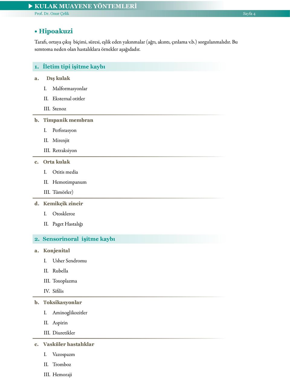 İletim tipi işitme kaybı Dış kulak I II Malformasyonlar Eksternal otitler Stenoz Timpanik membran I II Perforasyon Mirenjit Retraksiyon Orta kulak I II Otitis