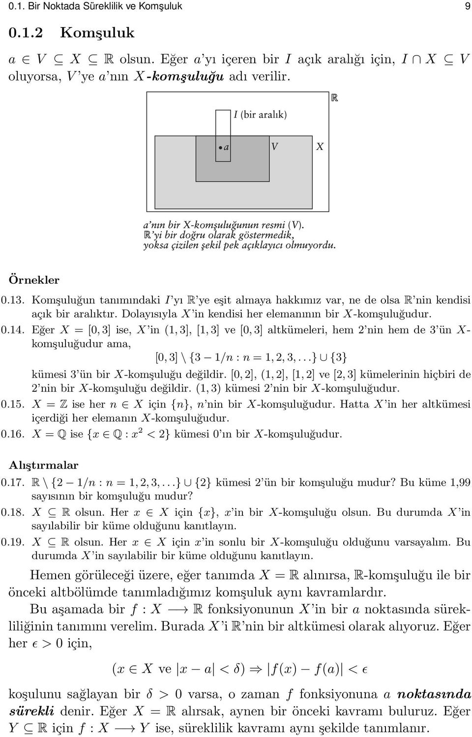 Eğer X = [0, 3] ise, X in (1, 3], [1, 3] ve [0, 3] altkümeleri, hem 2 nin hem de 3 ün X- komşuluğudur ama, [0, 3] \ {3 1/n : n = 1, 2, 3,...} {3} kümesi 3 ün bir X-komşuluğu değildir.