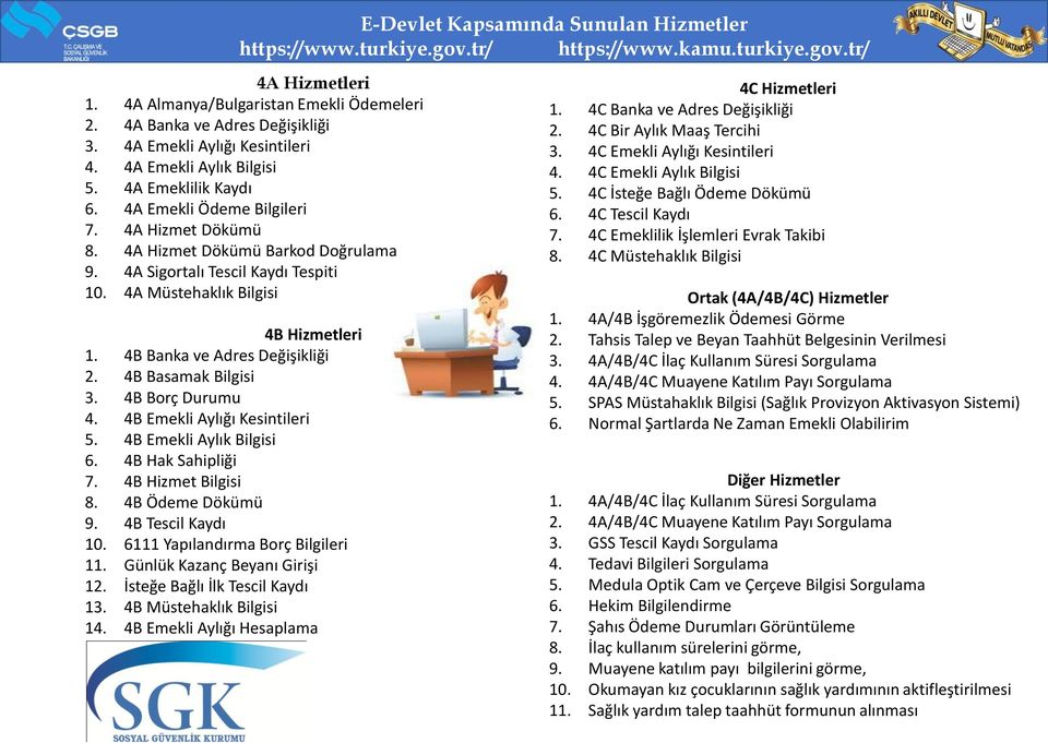 4A Sigortalı Tescil Kaydı Tespiti 10. 4A Müstehaklık Bilgisi 4B Hizmetleri 1. 4B Banka ve Adres Değişikliği 2. 4B Basamak Bilgisi 3. 4B Borç Durumu 4. 4B Emekli Aylığı Kesintileri 5.