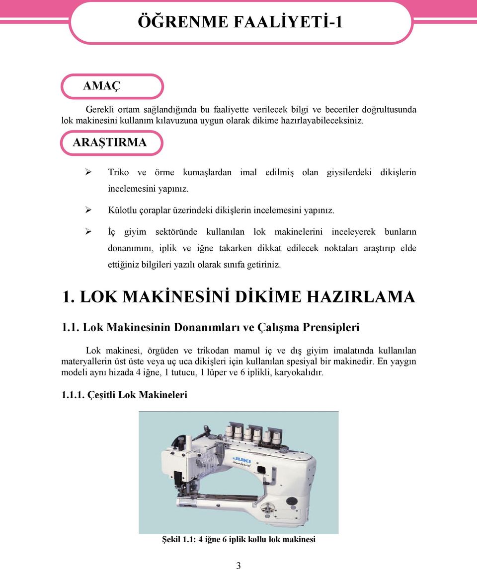 İç giyim sektöründe kullanılan lok makinelerini inceleyerek bunların donanımını, iplik ve iğne takarken dikkat edilecek noktaları araştırıp elde ettiğiniz bilgileri yazılı olarak sınıfa getiriniz. 1.