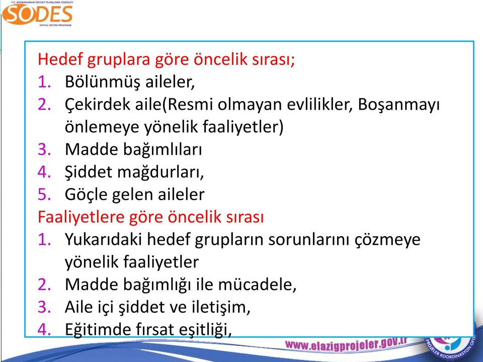 Madde bağımlıları 4. Şiddet mağdurları, 5. Göçle gelen aileler Faaliyetlere göre öncelik sırası 1.