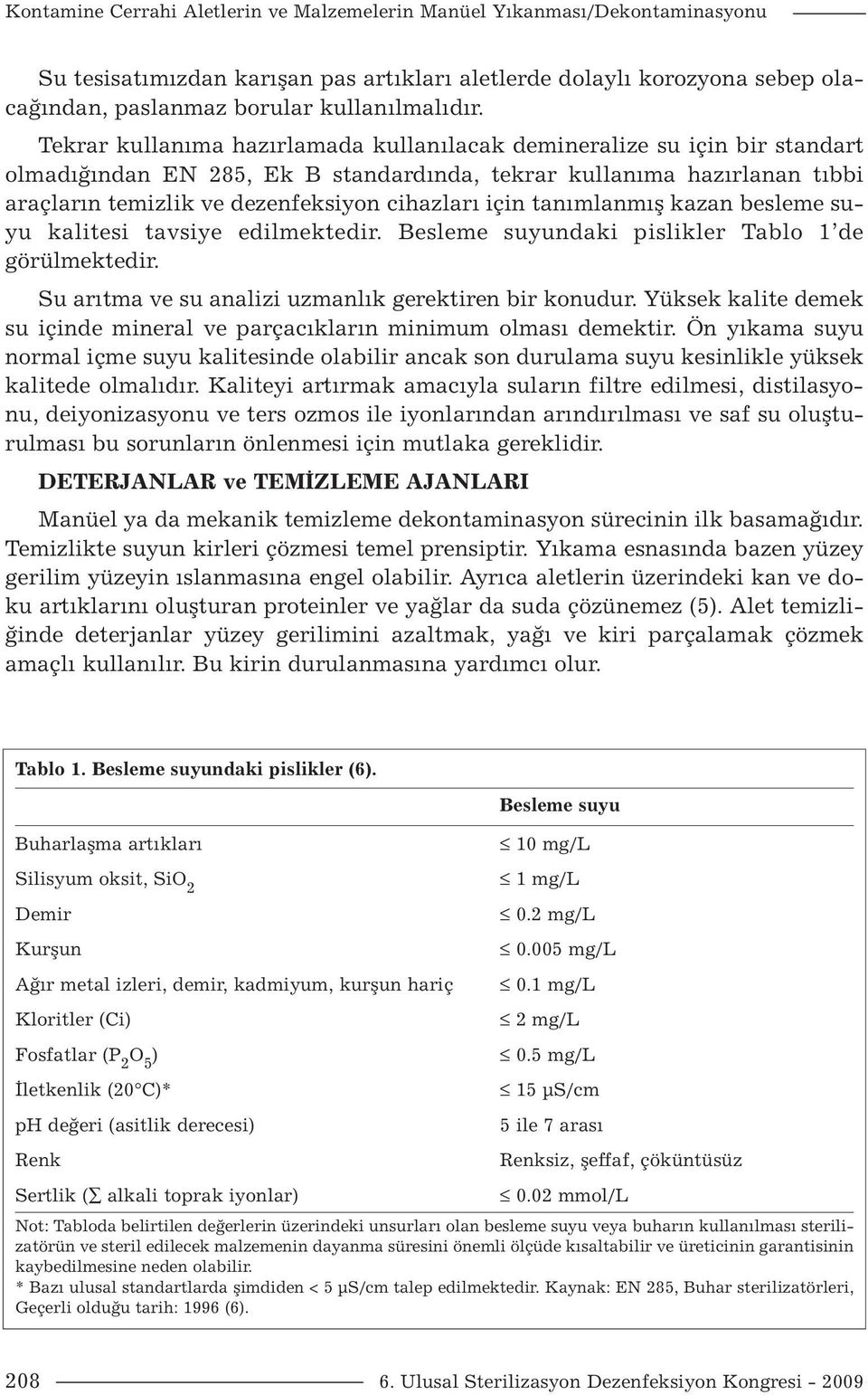 için tanımlanmış kazan besleme suyu kalitesi tavsiye edilmektedir. Besleme suyundaki pislikler Tablo 1 de görülmektedir. Su arıtma ve su analizi uzmanlık gerektiren bir konudur.