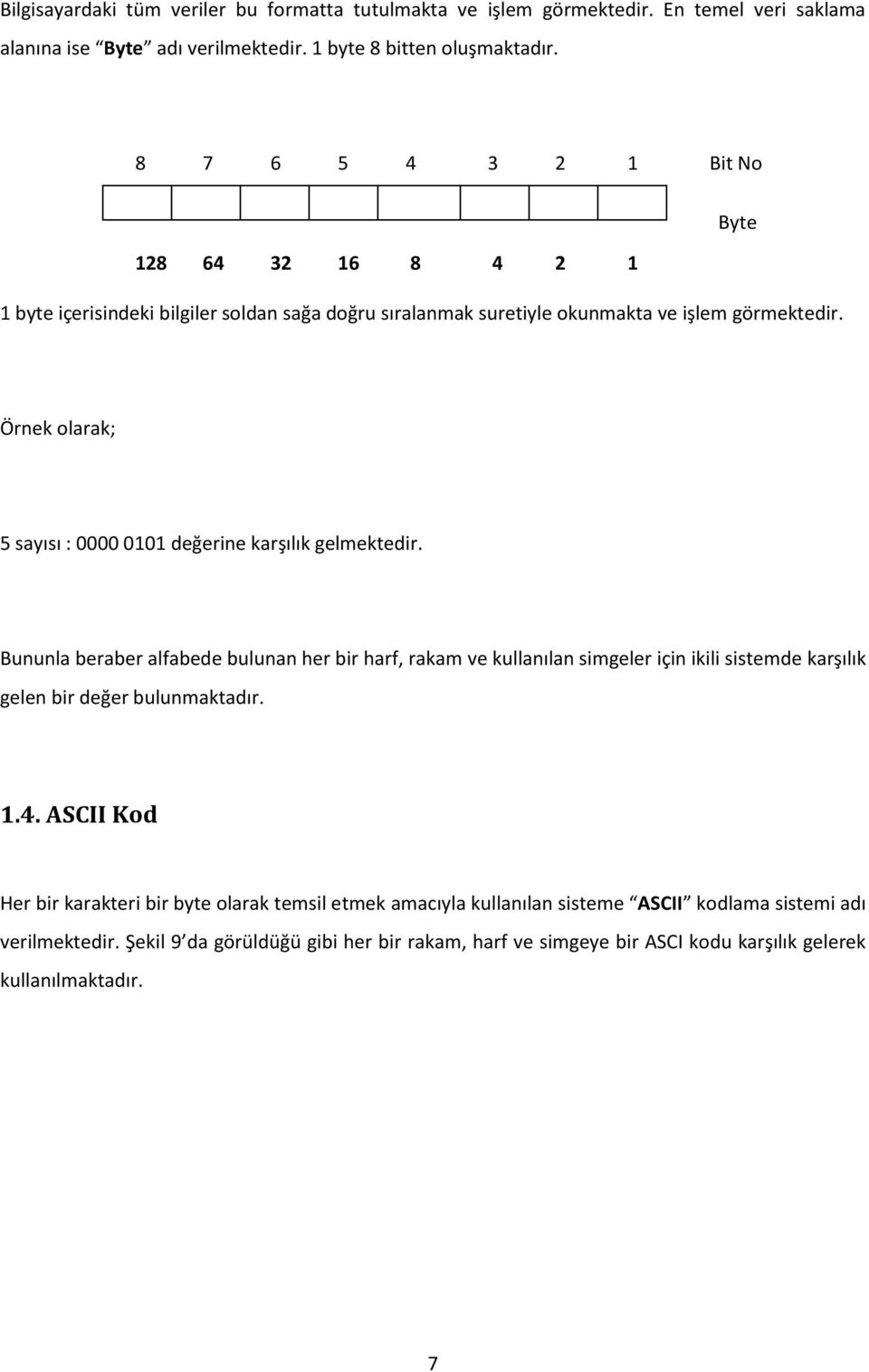 Örnek olarak; 5 sayısı : 0000 0101 değerine karşılık gelmektedir.