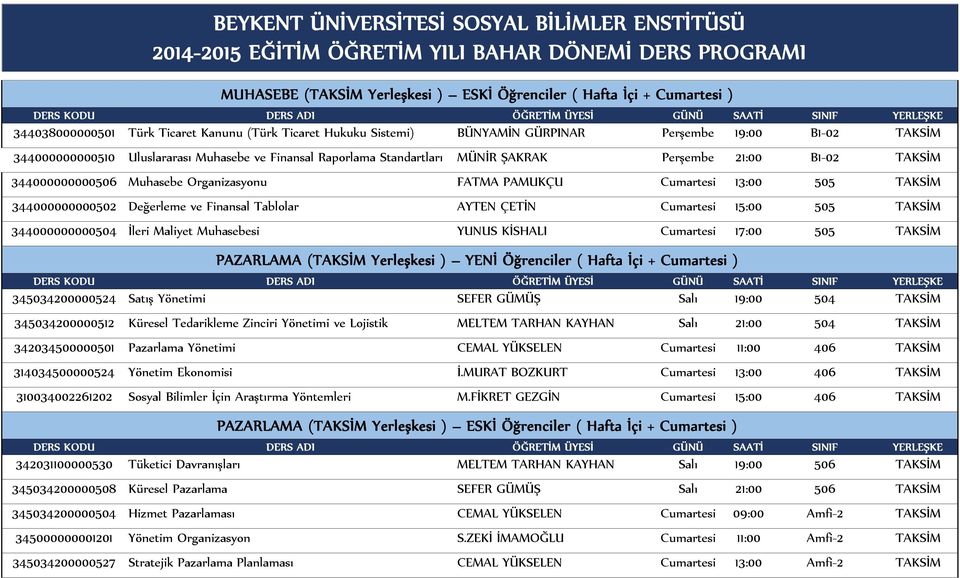 Değerleme ve Finansal Tablolar AYTEN ÇETİN Cumartesi 15:00 505 TAKSİM 344000000000504 İleri Maliyet Muhasebesi YUNUS KİSHALI Cumartesi 17:00 505 TAKSİM PAZARLAMA (TAKSİM Yerleşkesi ) YENİ Öğrenciler