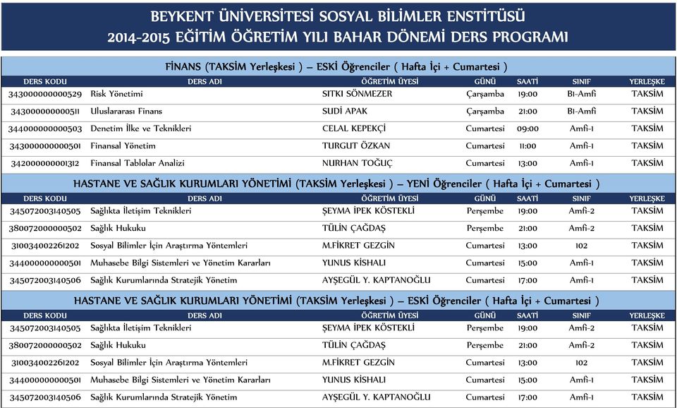 Finansal Tablolar Analizi NURHAN TOĞUÇ Cumartesi 13:00 Amfi-1 TAKSİM HASTANE VE SAĞLIK KURUMLARI YÖNETİMİ (TAKSİM Yerleşkesi ) YENİ Öğrenciler ( Hafta İçi + Cumartesi ) 345072003140505 Sağlıkta