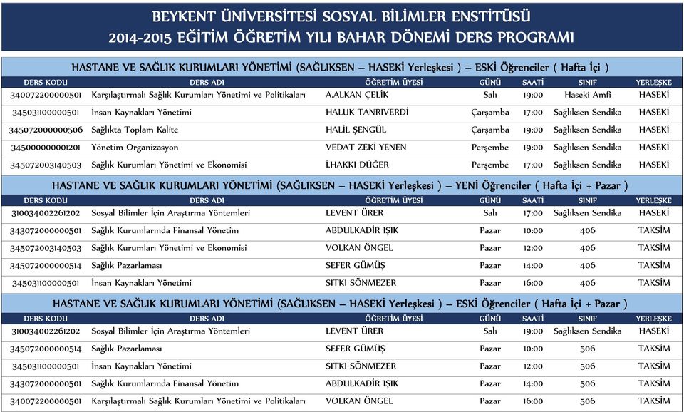 Çarşamba 19:00 Sağlıksen Sendika HASEKİ 345000000001201 Yönetim Organizasyon VEDAT ZEKİ YENEN Perşembe 19:00 Sağlıksen Sendika HASEKİ 345072003140503 Sağlık Kurumları Yönetimi ve Ekonomisi İ.