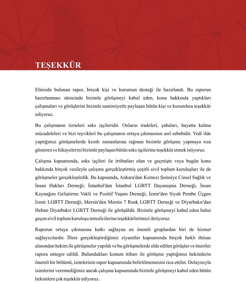 Bu çalışmanın özneleri seks işçileridir. Onların iradeleri, çabaları, hayatta kalma mücadeleleri ve bizi teşvikleri bu çalışmanın ortaya çıkmasının asıl sebebidir.