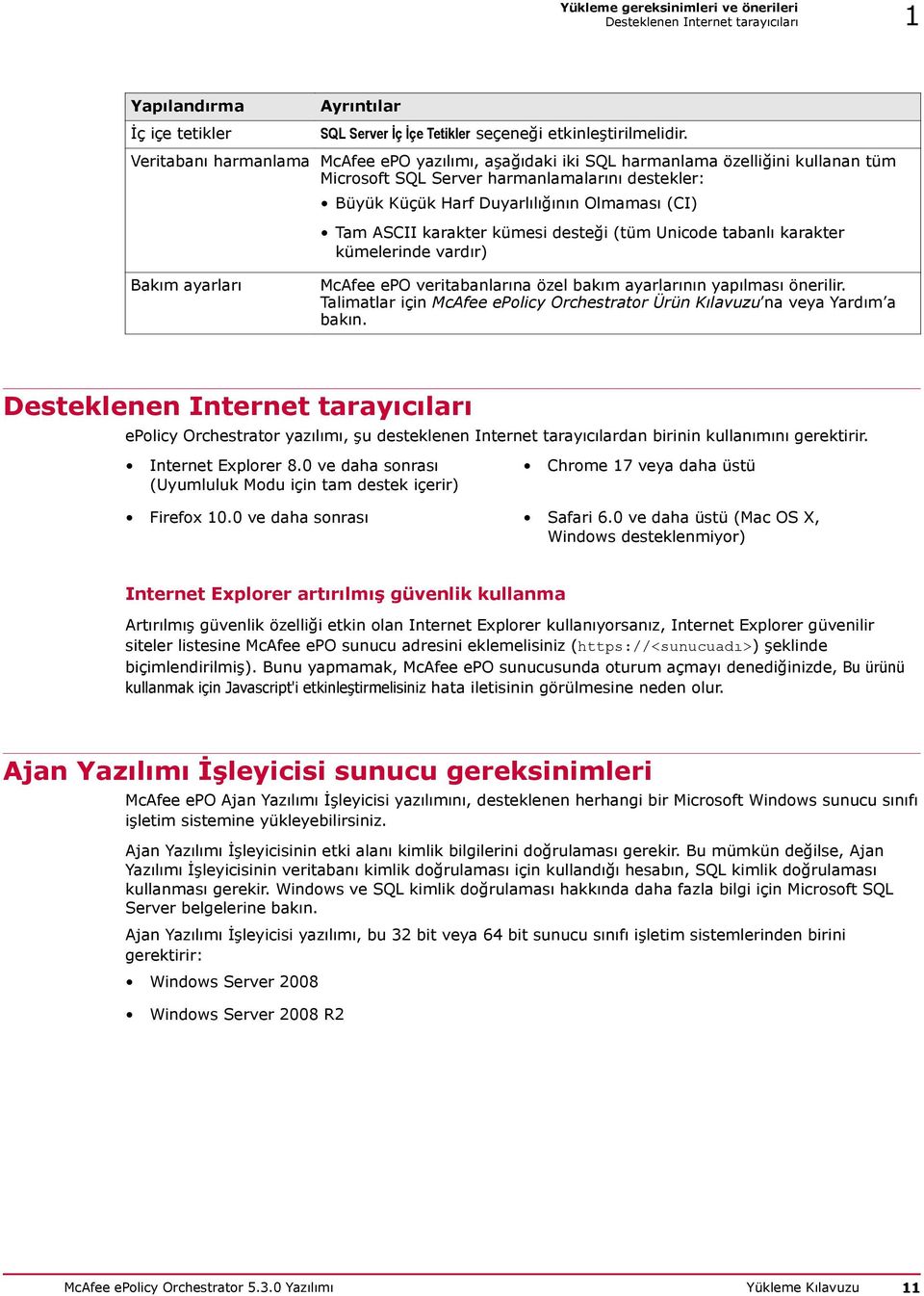 ASCII karakter kümesi desteği (tüm Unicode tabanlı karakter kümelerinde vardır) Bakım ayarları McAfee epo veritabanlarına özel bakım ayarlarının yapılması önerilir.