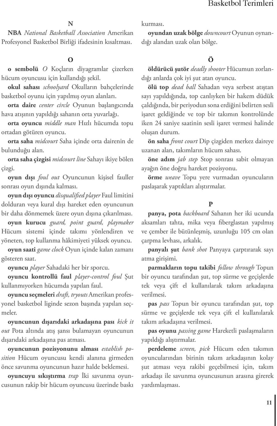 orta daire center circle Oyunun başlangıcında hava atışının yapıldığı sahanın orta yuvarlağı. orta oyuncu middle man Hızlı hücumda topu ortadan götüren oyuncu.