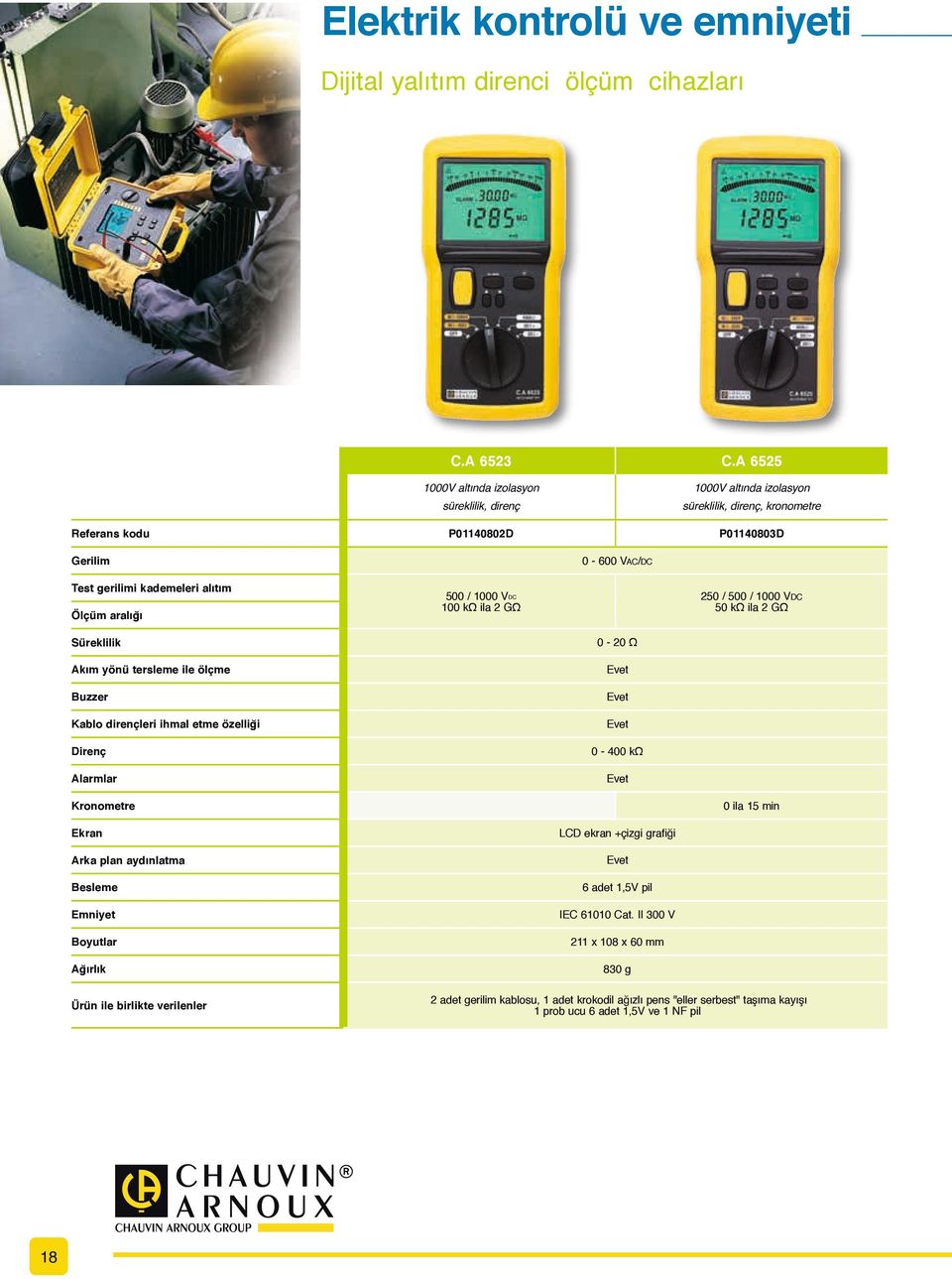 direnç 0-600 Vac/dc 250 / 500 / 1000 Vdc 50 kω ila 2 GΩ 500 / 1000 VDC 100 kω ila 2 GΩ 0-20 Ω Akım yönü tersleme ile ölçme Buzzer Kablo dirençleri ihmal etme özelliği Direnç Alarmlar 0-400 kω