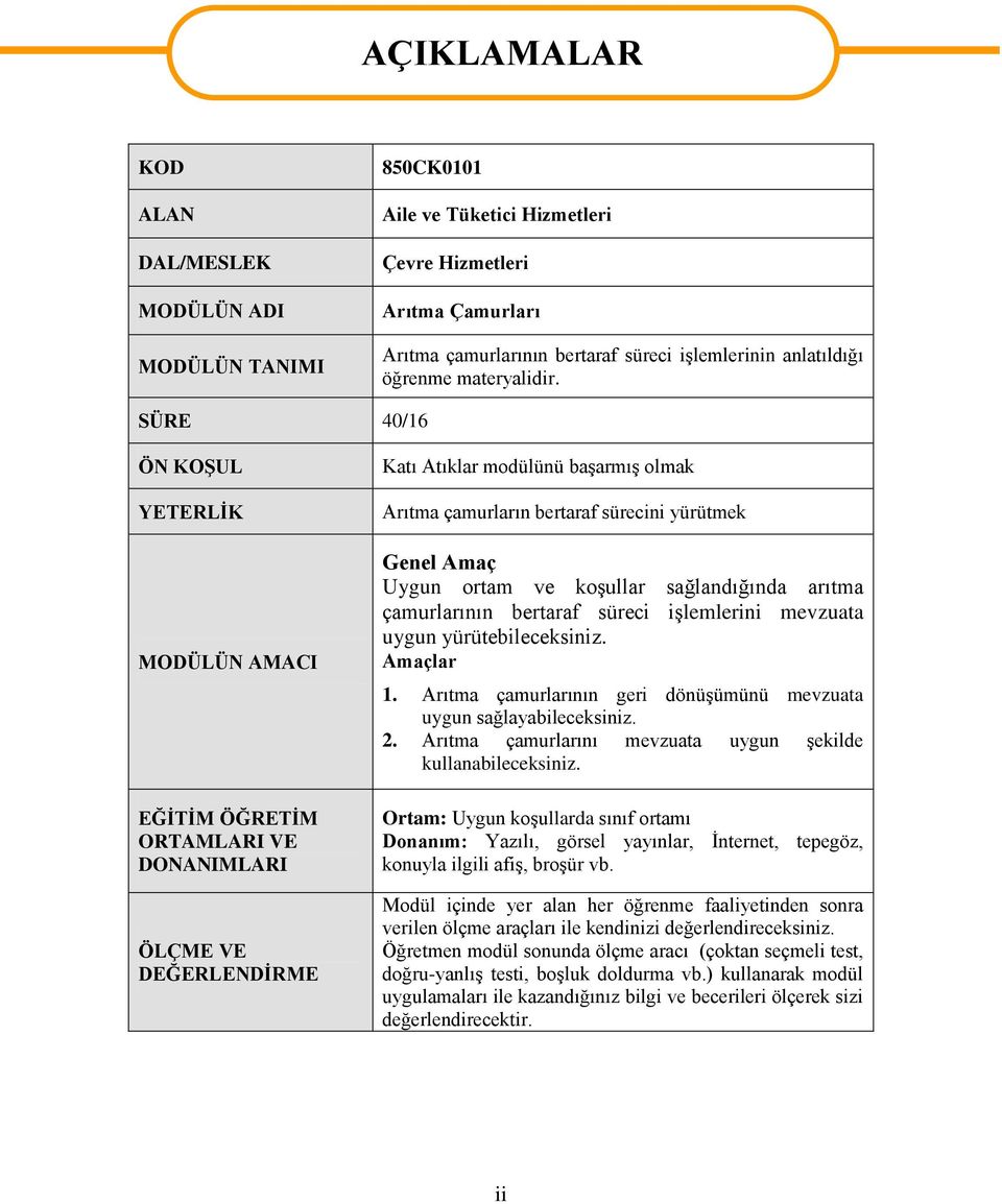 SÜRE 40/16 ÖN KOŞUL YETERLİK MODÜLÜN AMACI EĞİTİM ÖĞRETİM ORTAMLARI VE DONANIMLARI ÖLÇME VE DEĞERLENDİRME Katı Atıklar modülünü başarmış olmak Arıtma çamurların bertaraf sürecini yürütmek Genel Amaç