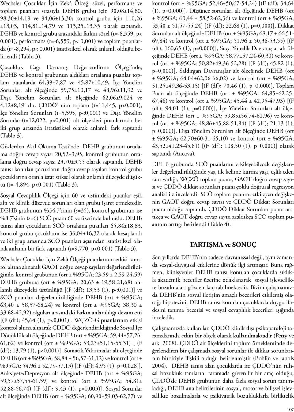 DEHB ve kontrol grubu arasındaki farkın sözel (t=-8,359, p< 0,001), performans (t=-6,559, p< 0,001) ve toplam puanlarda (t=-8,294, p< 0,001) istatistiksel olarak anlamlı olduğu belirlendi (Tablo 3).