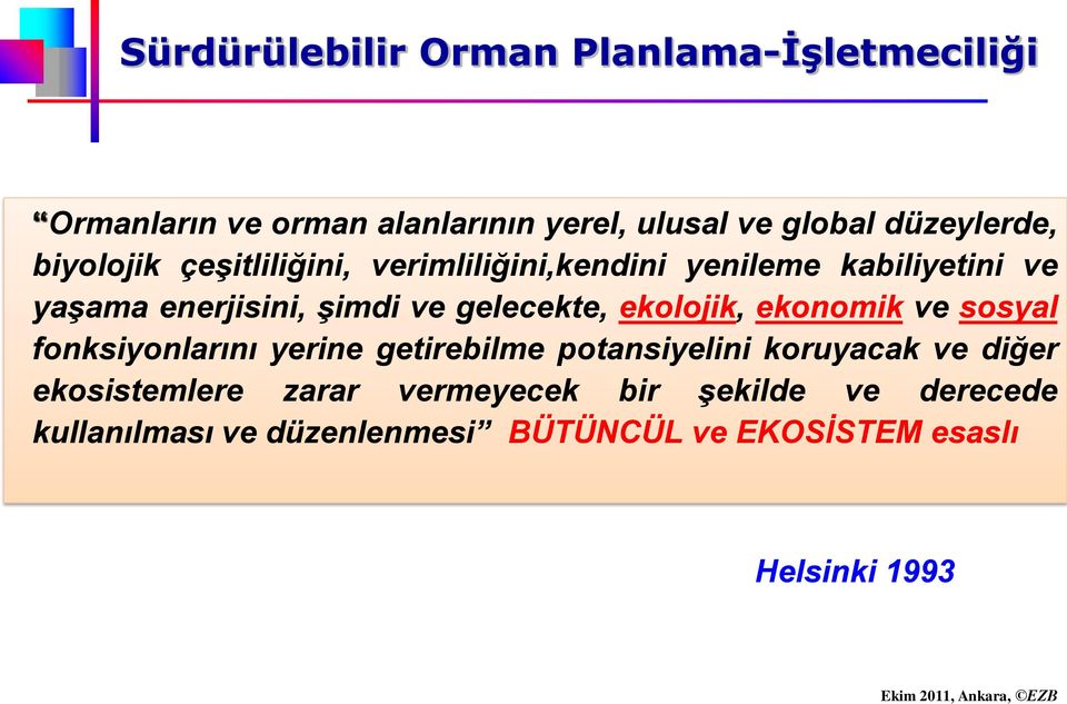 ekolojik, ekonomik ve sosyal fonksiyonlarını yerine getirebilme potansiyelini koruyacak ve diğer ekosistemlere