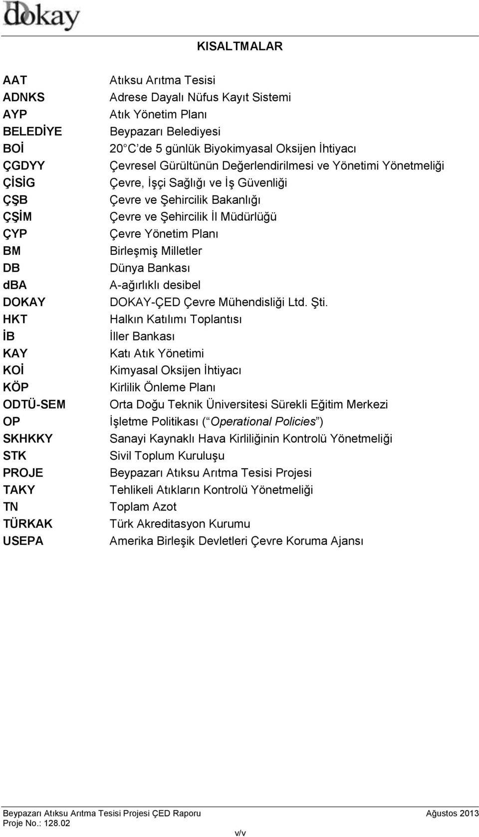 ve Şehircilik Bakanlığı Çevre ve Şehircilik İl Müdürlüğü Çevre Yönetim Planı Birleşmiş Milletler Dünya Bankası A-ağırlıklı desibel DOKAY-ÇED Çevre Mühendisliği Ltd. Şti.