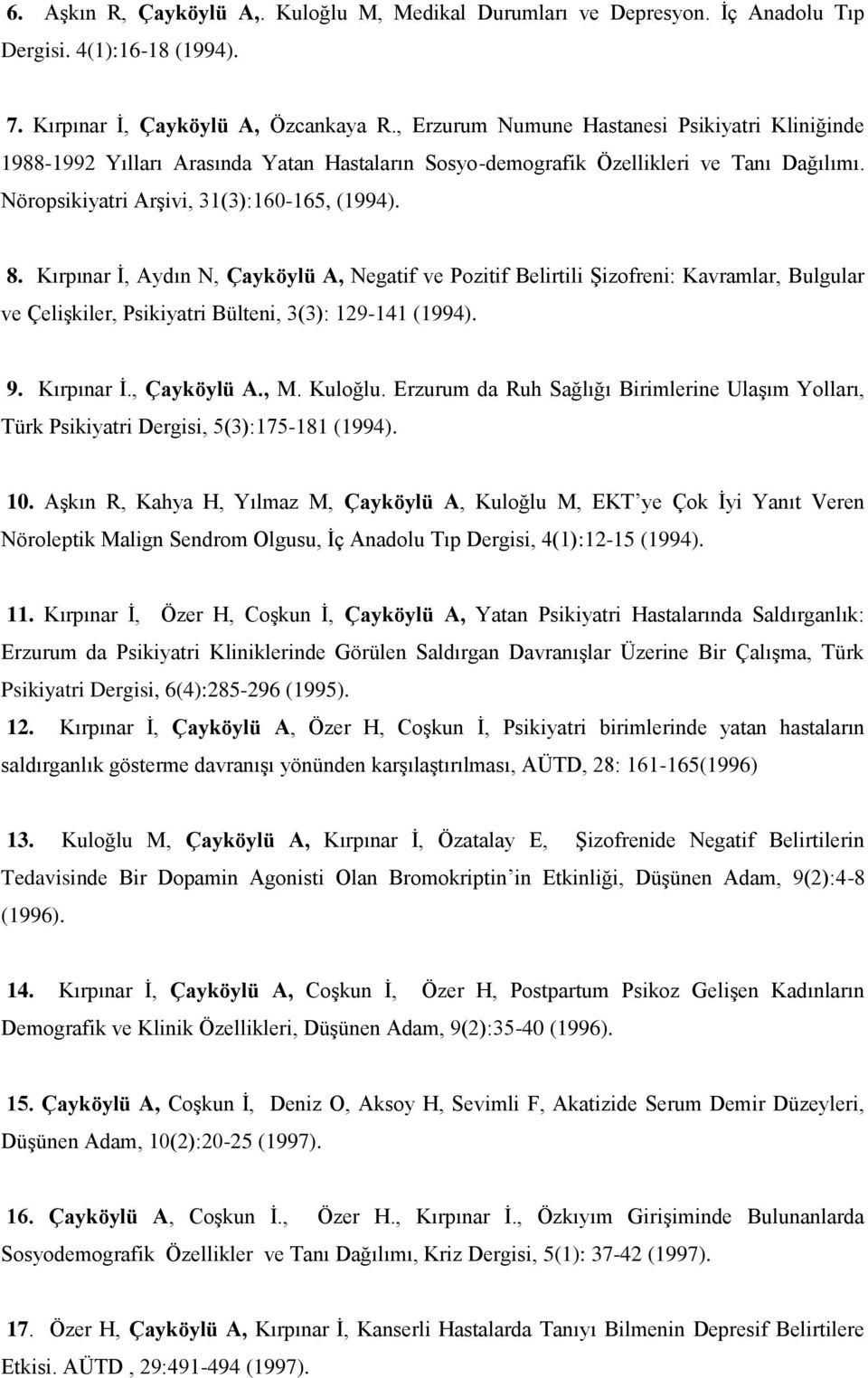 Kırpınar İ, Aydın N, Çayköylü A, Negatif ve Pozitif Belirtili Şizofreni: Kavramlar, Bulgular ve Çelişkiler, Psikiyatri Bülteni, 3(3): 129-141 (1994). 9. Kırpınar İ., Çayköylü A., M. Kuloğlu.