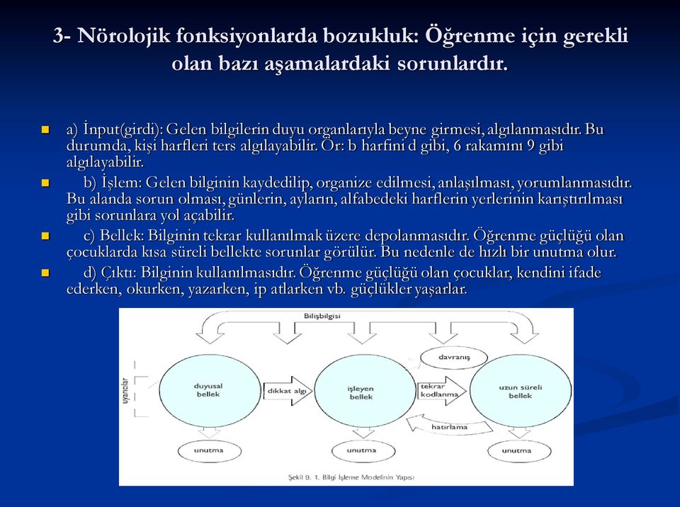 Bu alanda sorun olması, günlerin, ayların, alfabedeki harflerin yerlerinin karıştırılması gibi sorunlara yol açabilir. c) Bellek: Bilginin tekrar kullanılmak üzere depolanmasıdır.