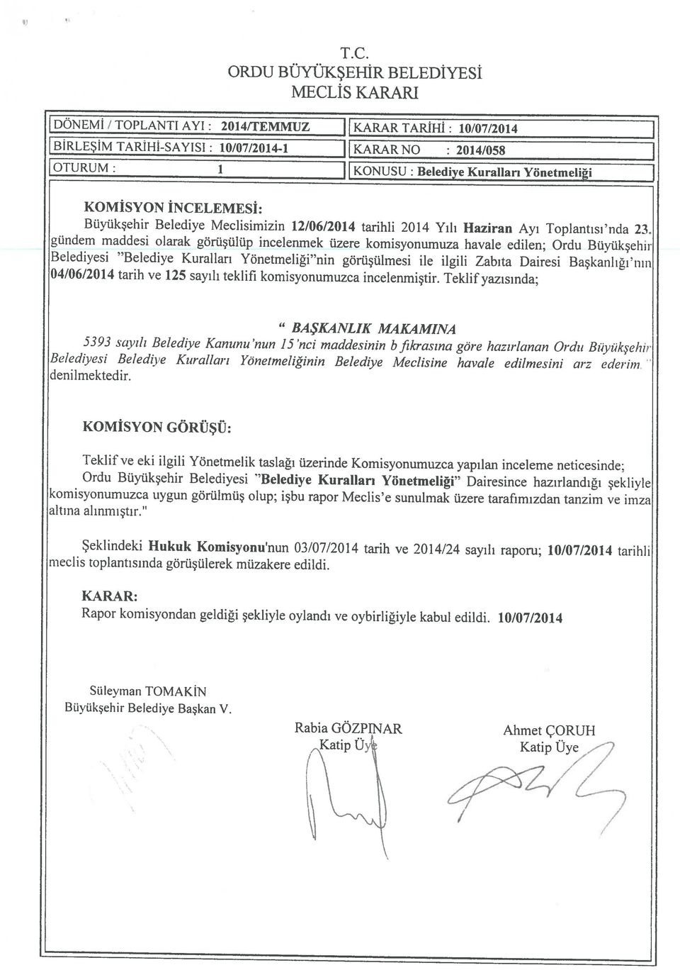 MECLİS KARARI,/İJ 1.Katip Üy KatipOye Rabia GÖZP1NAR Ahmet ÇORUH Süleyman TOMAKİN Büyükşehir Belediye Başkan V. Rapor komisyondan geldiği şekliyle oylandı ve oybirliğiyle kabul edildi.