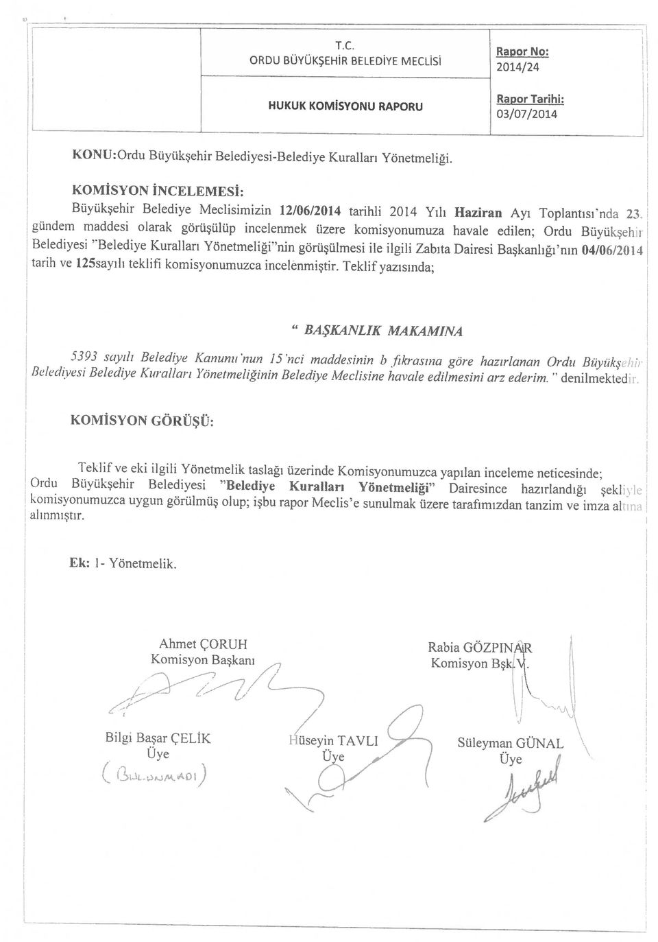 ı) U ye Bilgi Başar ÇELİK Uye - Uye Hüseyin TAVLI Süleyman GÜNAL t, / -- Ahmet ÇORUH Komisyon Başkanı Komisyon Bşk.V. Rabia GÖZP1N1 Ek: 1- Yönetmelik. alınmıştır.