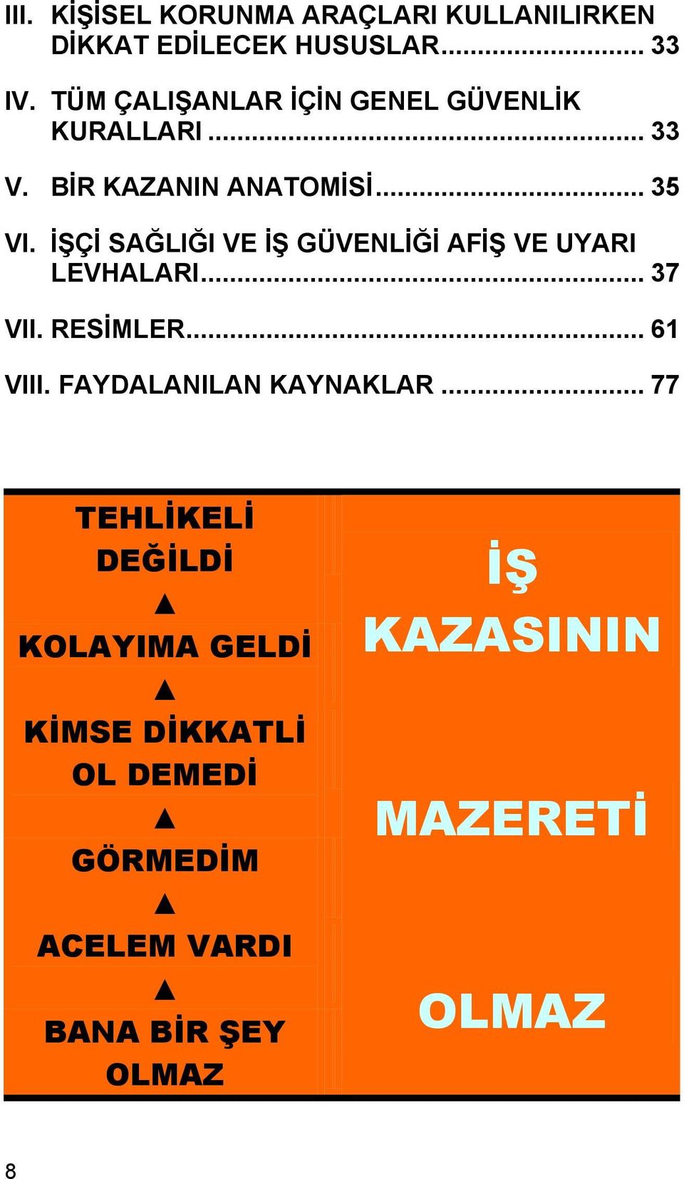 İŞÇİ SAĞLIĞI VE İŞ GÜVENLİĞİ AFİŞ VE UYARI LEVHALARI... 37 VII. RESİMLER... 61 VIII.