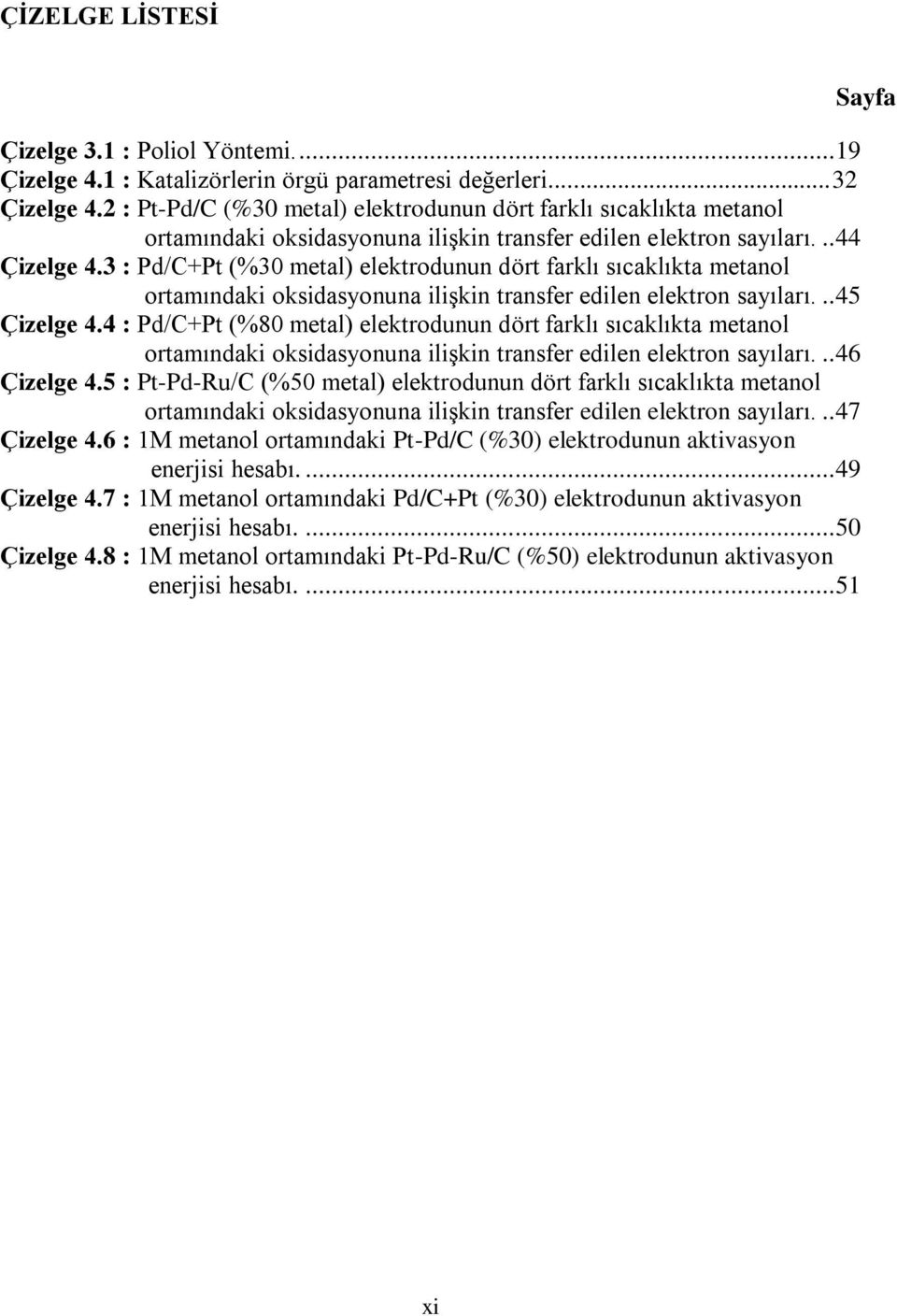 3 : Pd/C+Pt (%30 metal) elektrodunun dört farklı sıcaklıkta metanol ortamındaki oksidasyonuna ilişkin transfer edilen elektron sayıları... 45 Çizelge 4.