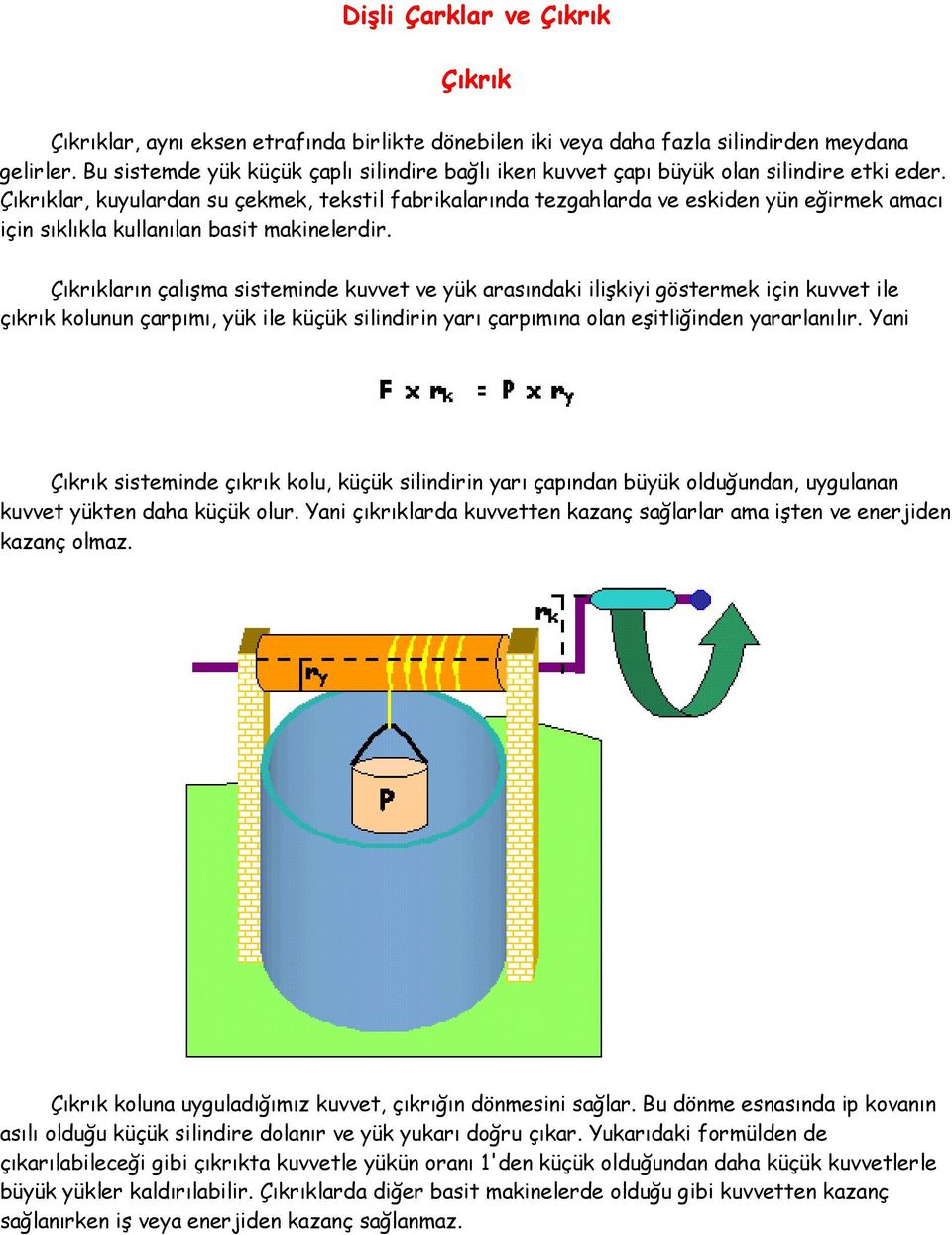 Çıkrıklar, kuyulardan su çekmek, tekstil fabrikalarında tezgahlarda ve eskiden yün eğirmek amacı için sıklıkla kullanılan basit makinelerdir.