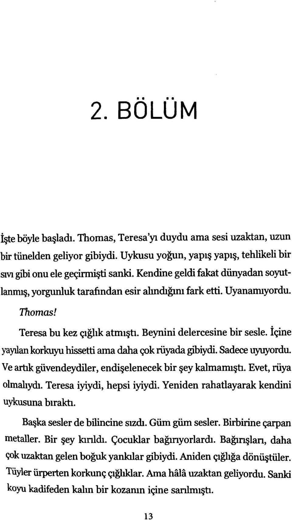 İçine yaydan korkuyu hissetti ama daha çok rüyada gibiydi. Sadece uyuyordu. Ve artık güvendeydiler, endişelenecek bir şey kalmamıştı. Evet, rüya olmalıydı. Teresa iyiydi, hepsi iyiydi.