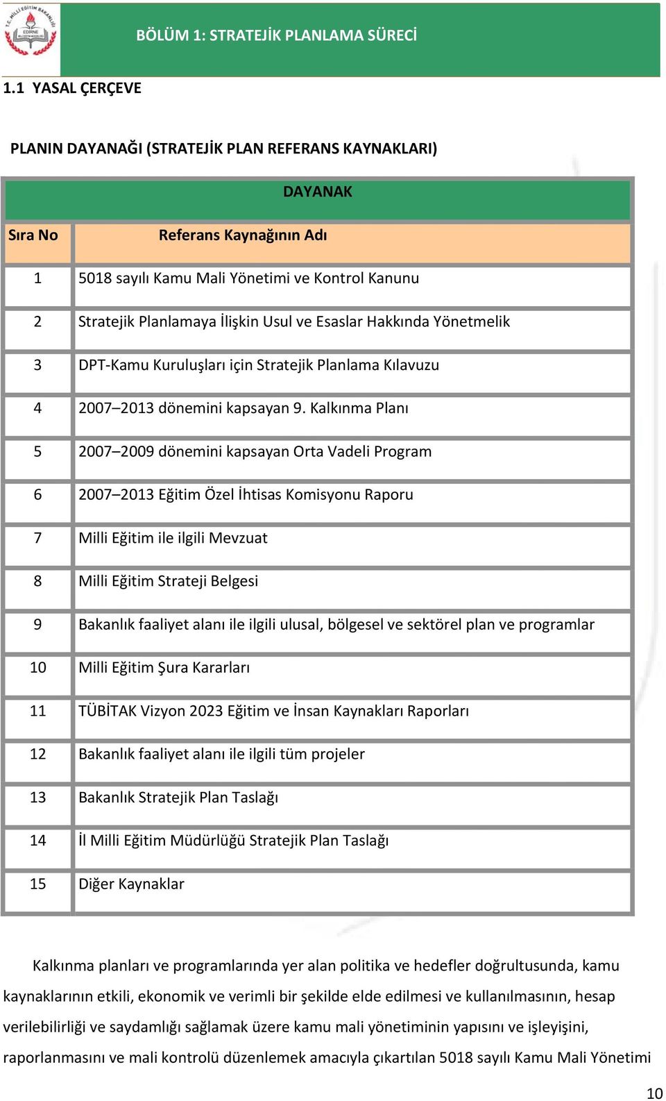 Esaslar Hakkında Yönetmelik 3 DPT Kamu Kuruluşları için Stratejik Planlama Kılavuzu 4 2007 2013 dönemini kapsayan 9.