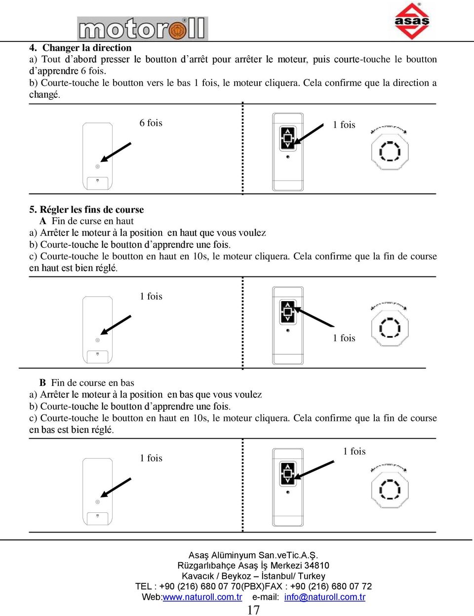 Régler les fins de course A Fin de curse en haut a) Arrêter le moteur à la position en haut que vous voulez b) Courte-touche le boutton d apprendre une fois.