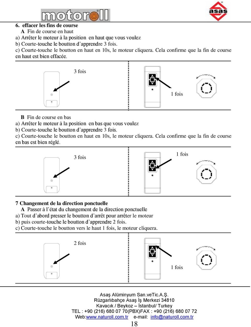 3 fois 1 fois B Fin de course en bas a) Arrêter le moteur à la position en bas que vous voulez b) Courte-touche le boutton d apprendre 3 fois.