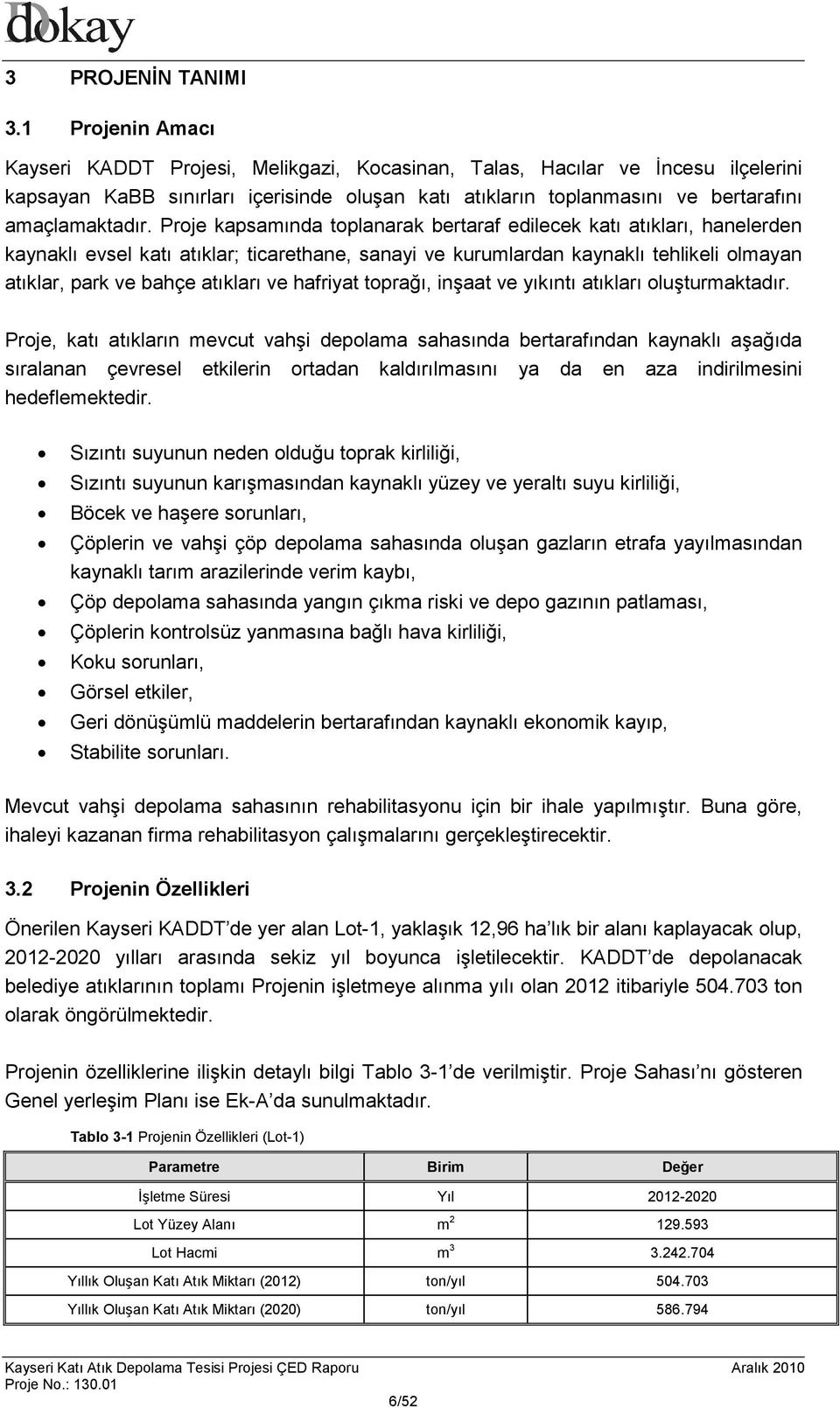 Proje kapsamında toplanarak bertaraf edilecek katı atıkları, hanelerden kaynaklı evsel katı atıklar; ticarethane, sanayi ve kurumlardan kaynaklı tehlikeli olmayan atıklar, park ve bahçe atıkları ve