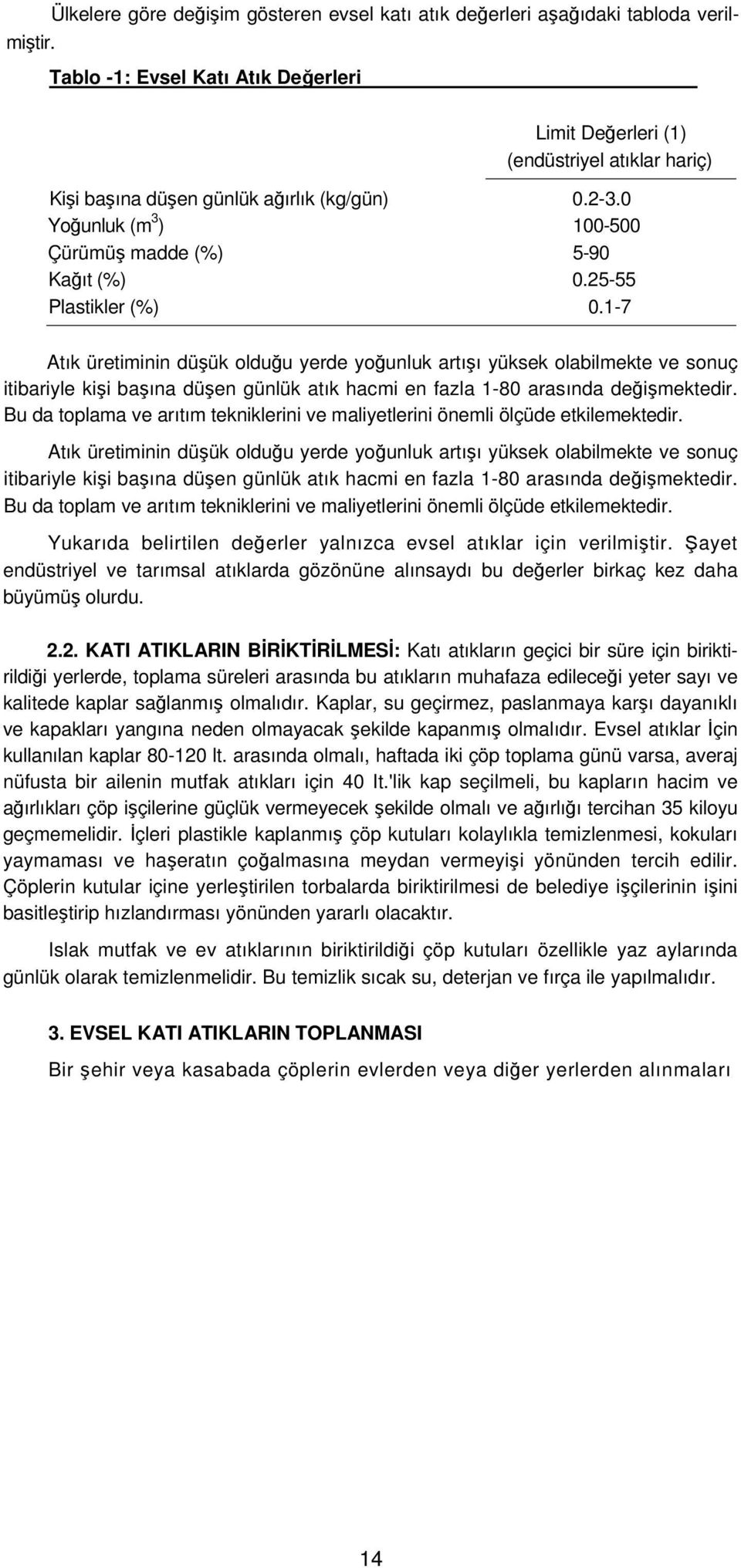 (kg/gün) 0.2-3.0 Yoğunluk (m 3 ) 100-500 Çürümüş madde (%) 5-90 Kağıt (%) 0.25-55 Plastikler (%) 0.