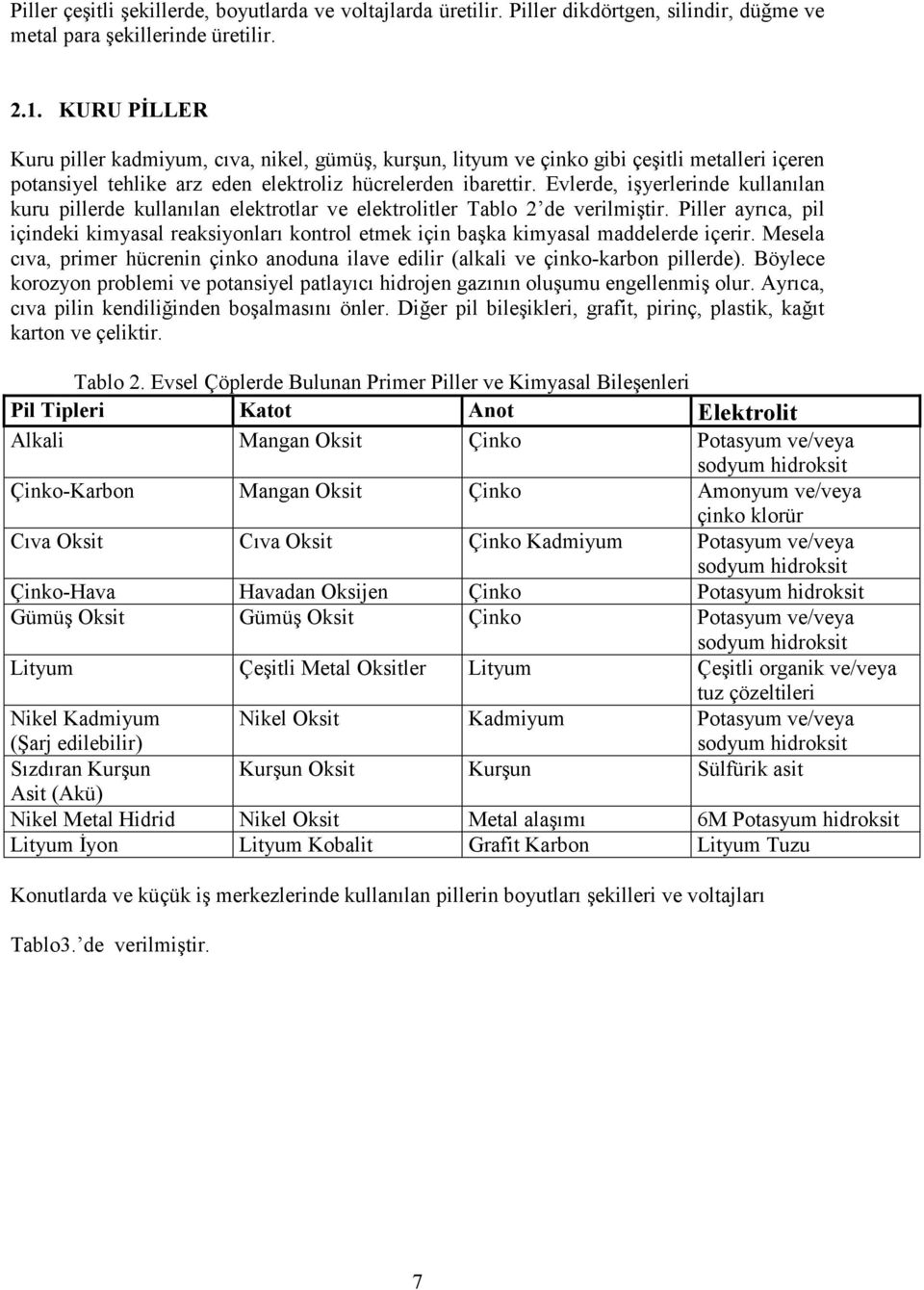 Evlerde, işyerlerinde kullanılan kuru pillerde kullanılan elektrotlar ve elektrolitler Tablo 2 de verilmiştir.