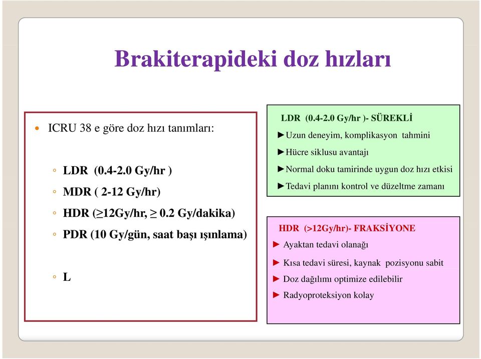 0 Gy/hr )- SÜREKLİ Uzun deneyim, komplikasyon tahmini Hücre siklusu avantajı Normal doku tamirinde uygun doz hızı etkisi