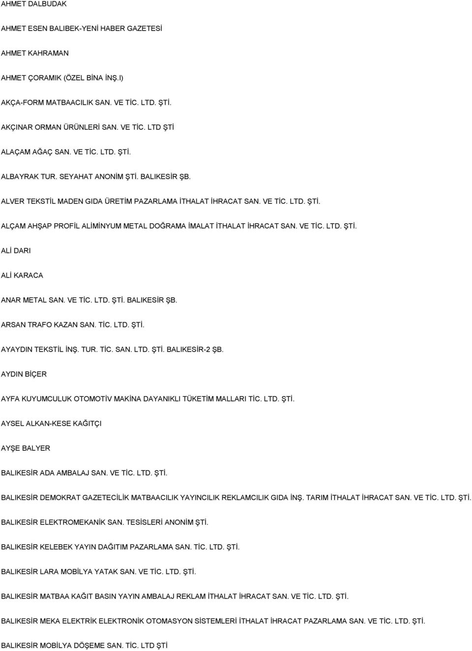 VE TİC. LTD. ŞTİ. ALİ DARI ALİ KARACA ANAR METAL SAN. VE TİC. LTD. ŞTİ. BALIKESİR ŞB. ARSAN TRAFO KAZAN SAN. TİC. LTD. ŞTİ. AYAYDIN TEKSTİL İNŞ. TUR. TİC. SAN. LTD. ŞTİ. BALIKESİR-2 ŞB.