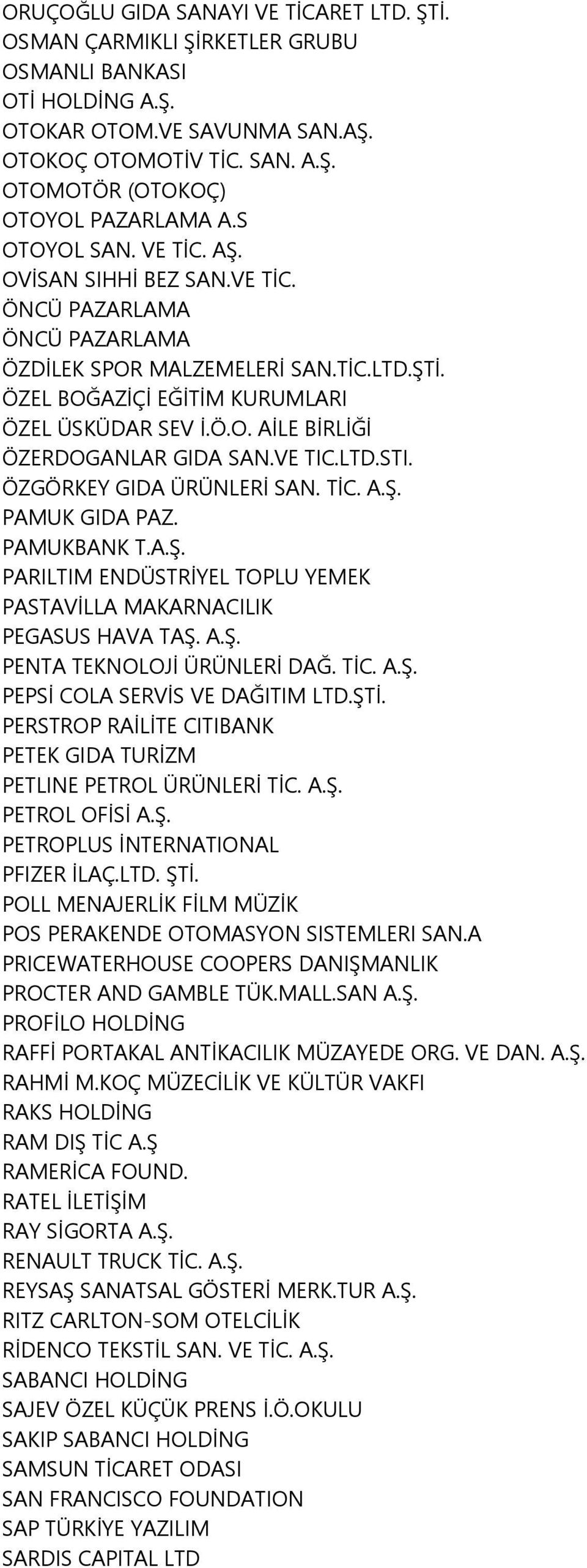 VE TIC.LTD.STI. ÖZGÖRKEY GIDA ÜRÜNLERİ SAN. TİC. A.Ş. PAMUK GIDA PAZ. PAMUKBANK T.A.Ş. PARILTIM ENDÜSTRİYEL TOPLU YEMEK PASTAVİLLA MAKARNACILIK PEGASUS HAVA TAŞ. A.Ş. PENTA TEKNOLOJİ ÜRÜNLERİ DAĞ.