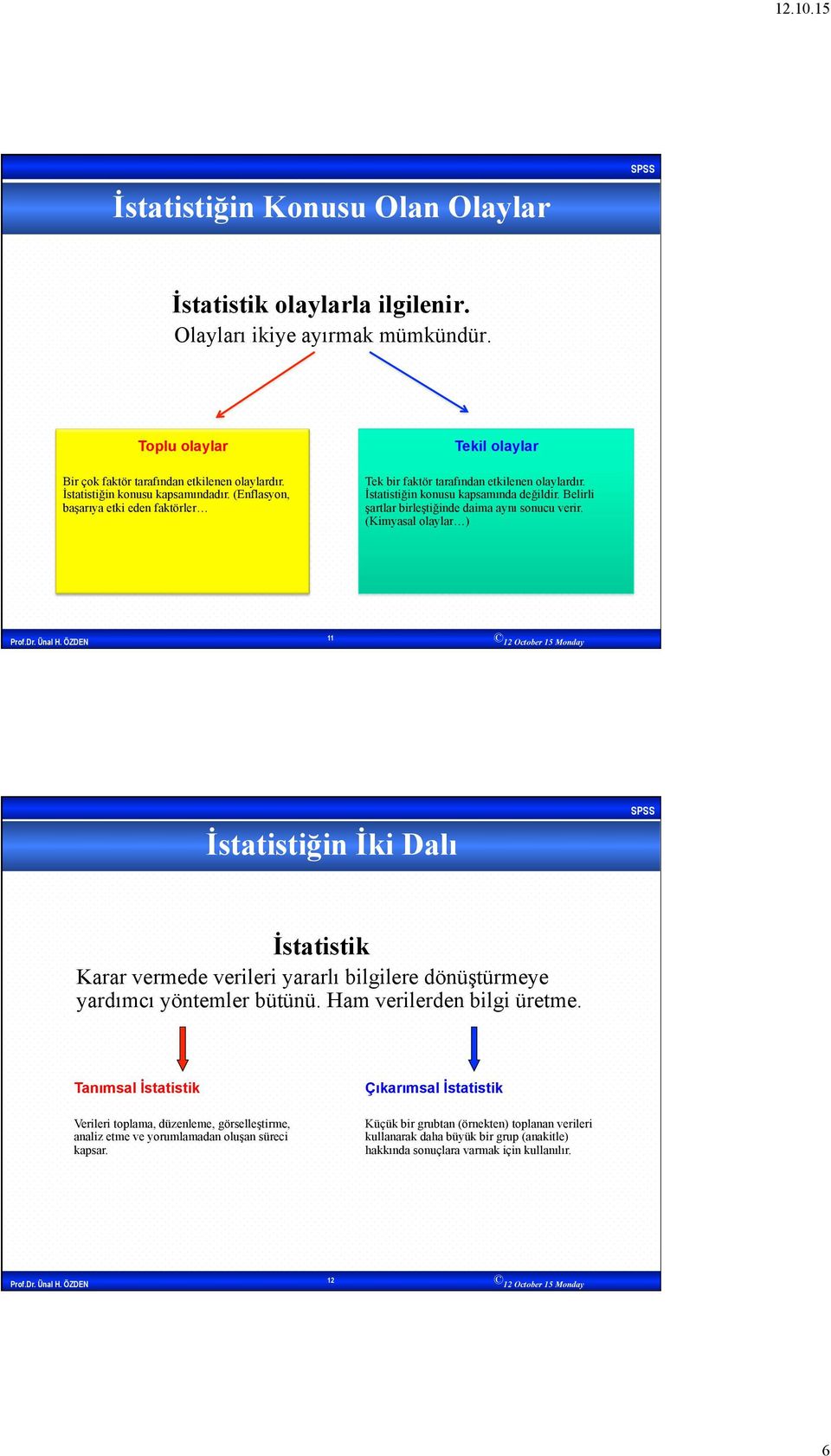 (Kimyasal olaylar ) 11 İstatistiğin İki Dalı İstatistik Karar vermede verileri yararlı bilgilere dönüştürmeye yardımcı yöntemler bütünü. Ham verilerden bilgi üretme.