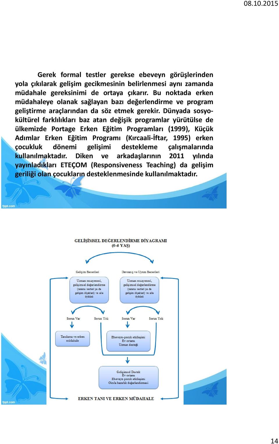 Dünyada sosyokültürel farklılıkları baz atan değişik programlar yürütülse de ülkemizde Portage Erken Eğitim Programları (1999), Küçük Adımlar Erken Eğitim Programı