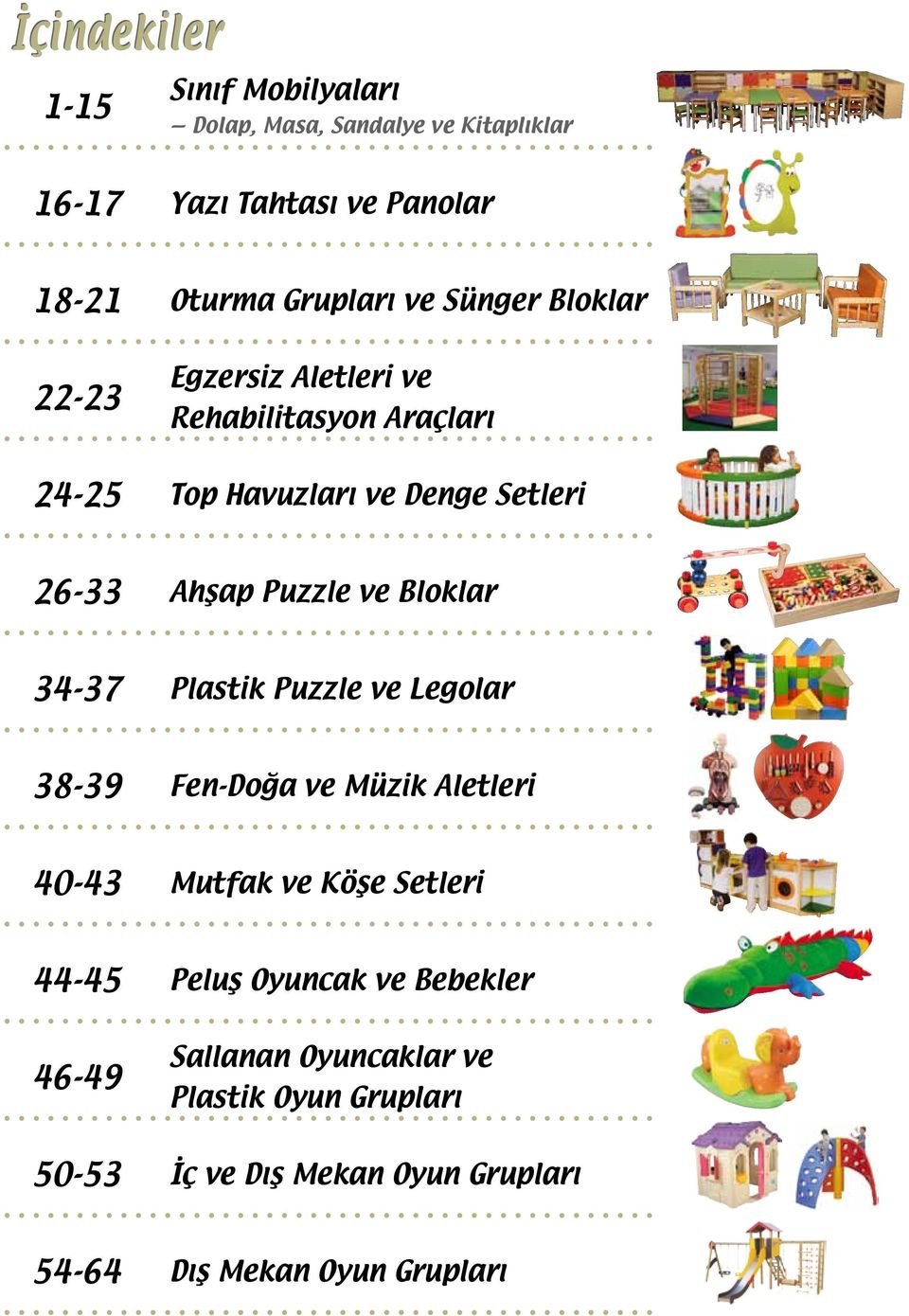 Puzzle ve Bloklar 34-37 Plastik Puzzle ve Legolar 38-39 Fen-Doğa ve Müzik Aletleri 40-43 Mutfak ve Köşe Setleri 44-45 46-49