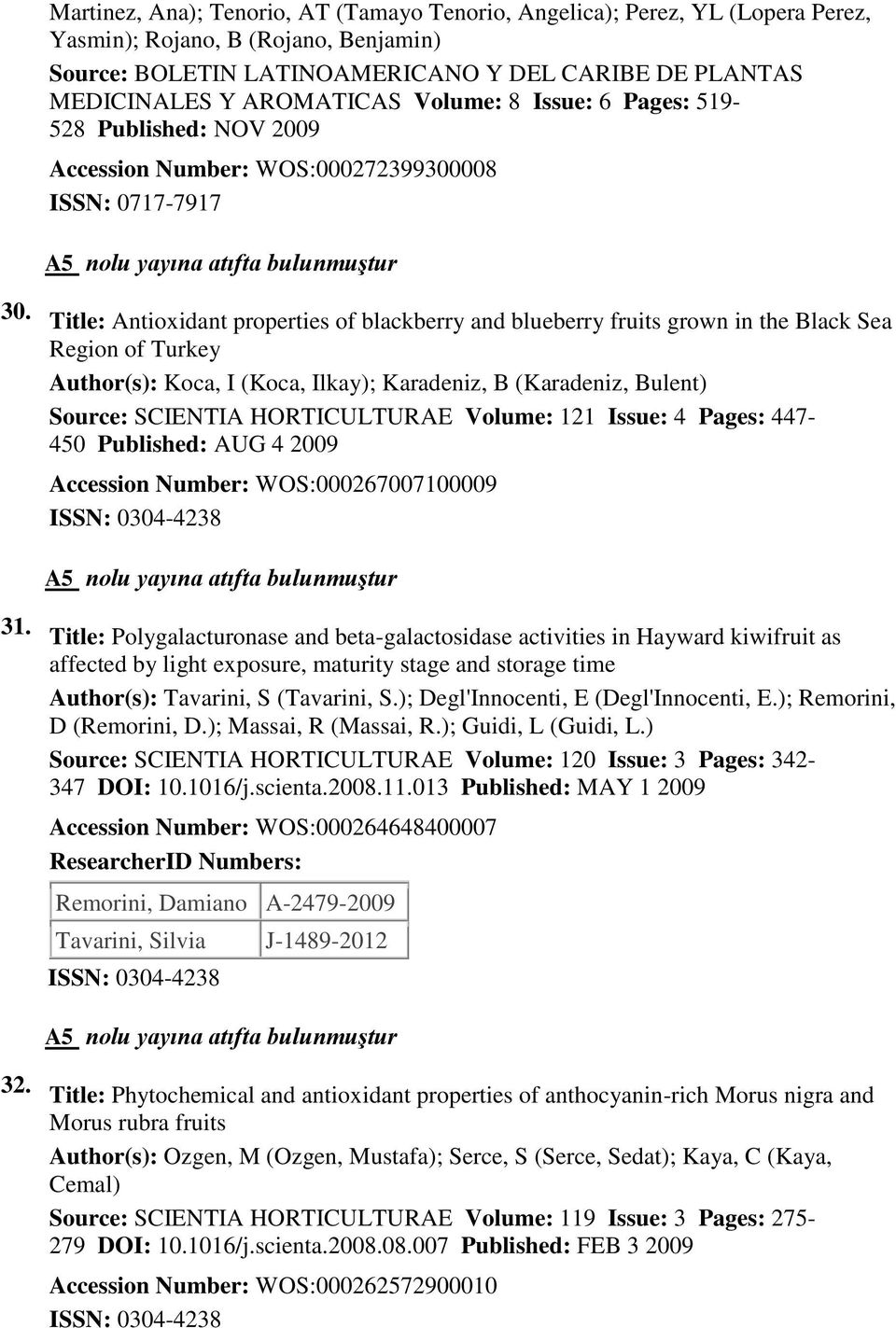 Title: Antioxidant properties of blackberry and blueberry fruits grown in the Black Sea Region of Turkey Author(s): Koca, I (Koca, Ilkay); Karadeniz, B (Karadeniz, Bulent) Source: SCIENTIA