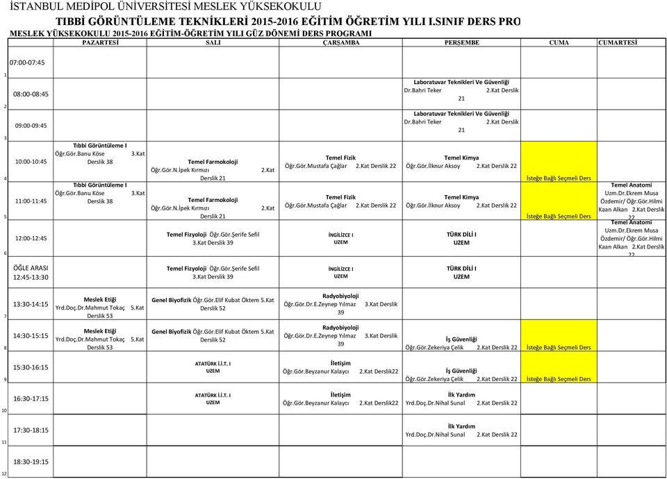 Gör.İlknur Aksoy Derslik 22 Temel Kimya Öğr.Gör.İlknur Aksoy Derslik 22 Uzm.Dr.Ekrem Musa Özdemir/ Öğr.Gör.Hilmi Kaan Alkan Derslik 22 Uzm.Dr.Ekrem Musa Özdemir/ Öğr.Gör.Hilmi Kaan Alkan Derslik 22 Öğr.