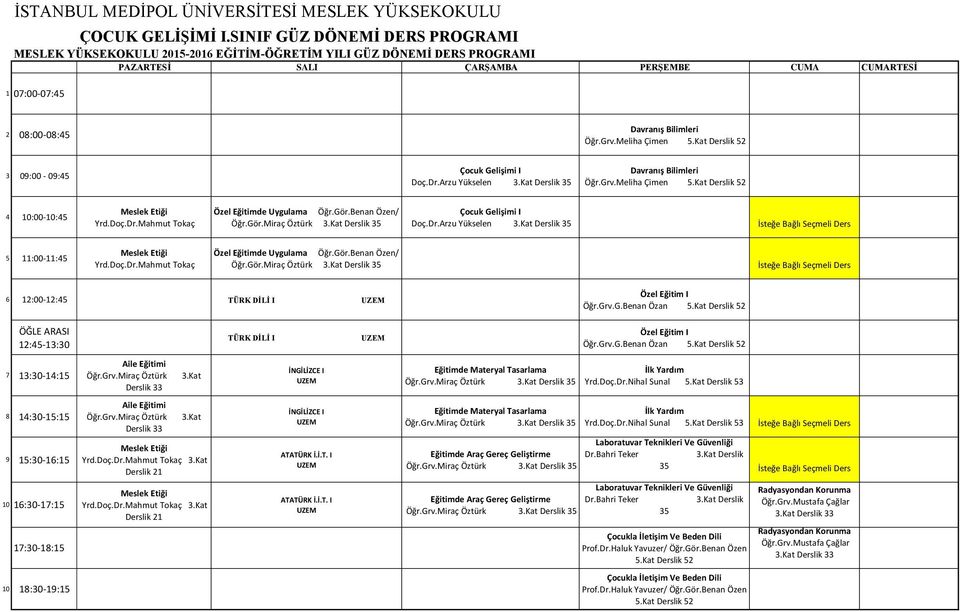 Grv.Miraç Öztürk Derslik 33 Eğitimde Materyal Tasarlama Öğr.Grv.Miraç Öztürk Derslik Yrd.Doç.Dr.Nihal Sunal 17:30-18:15 Aile Eğitimi Öğr.Grv.Miraç Öztürk Derslik 33 Eğitimde Materyal Tasarlama Öğr.Grv.Miraç Öztürk Derslik Eğitimde Araç Gereç Geliştirme Öğr.