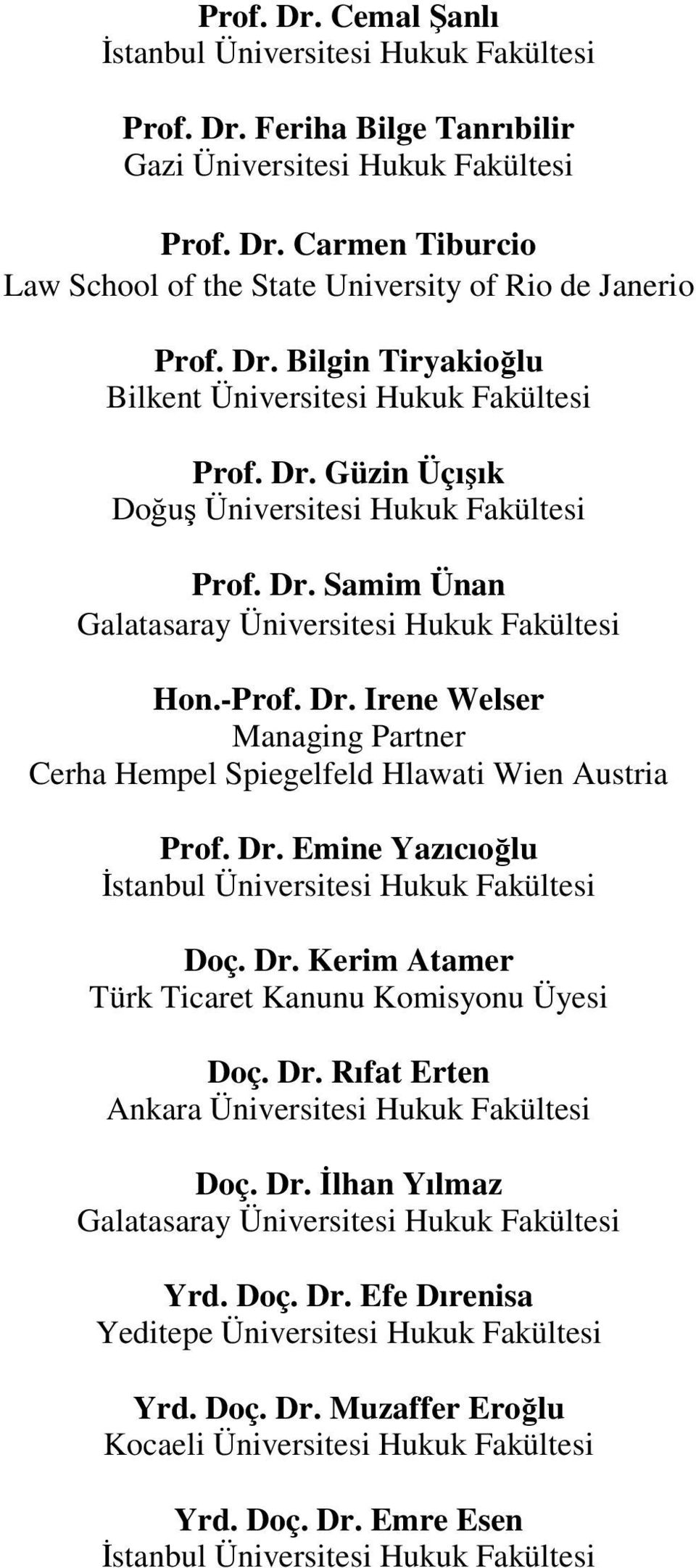 Dr. Emine Yazıcıoğlu İstanbul Üniversitesi Hukuk Fakültesi Doç. Dr. Kerim Atamer Türk Ticaret Kanunu Komisyonu Üyesi Doç. Dr. Rıfat Erten Ankara Üniversitesi Hukuk Fakültesi Doç. Dr. İlhan Yılmaz Galatasaray Üniversitesi Hukuk Fakültesi Yrd.