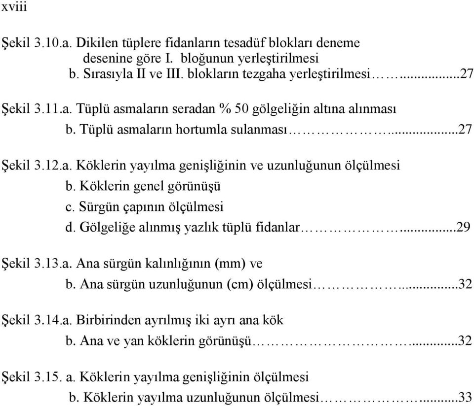 Köklerin genel görünüşü c. Sürgün çapının ölçülmesi d. Gölgeliğe alınmış yazlık tüplü fidanlar...29 Şekil 3.13.a. Ana sürgün kalınlığının (mm) ve b.