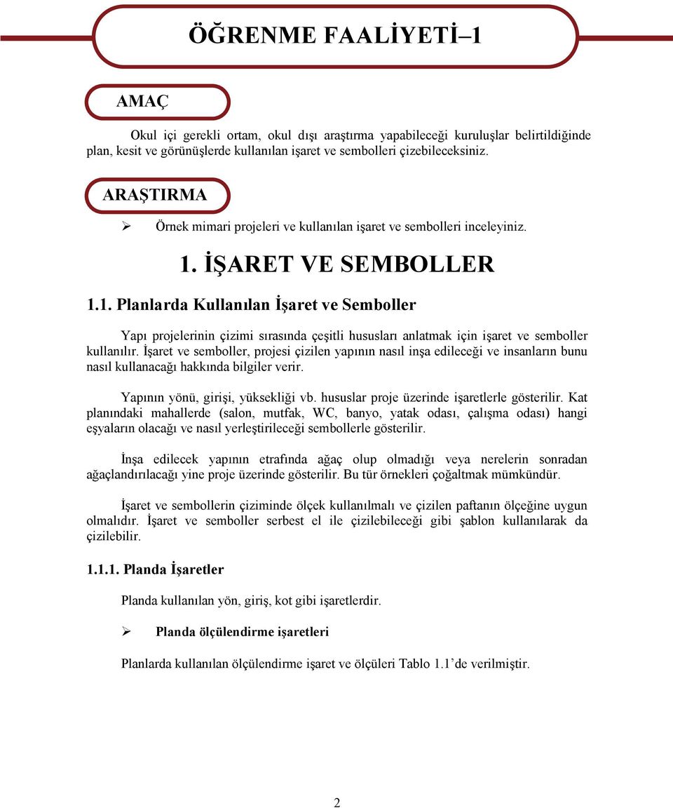 İŞARET VE SEMBOLLER 1.1. Planlarda Kullanılan İşaret ve Semboller Yapı projelerinin çizimi sırasında çeşitli hususları anlatmak için işaret ve semboller kullanılır.