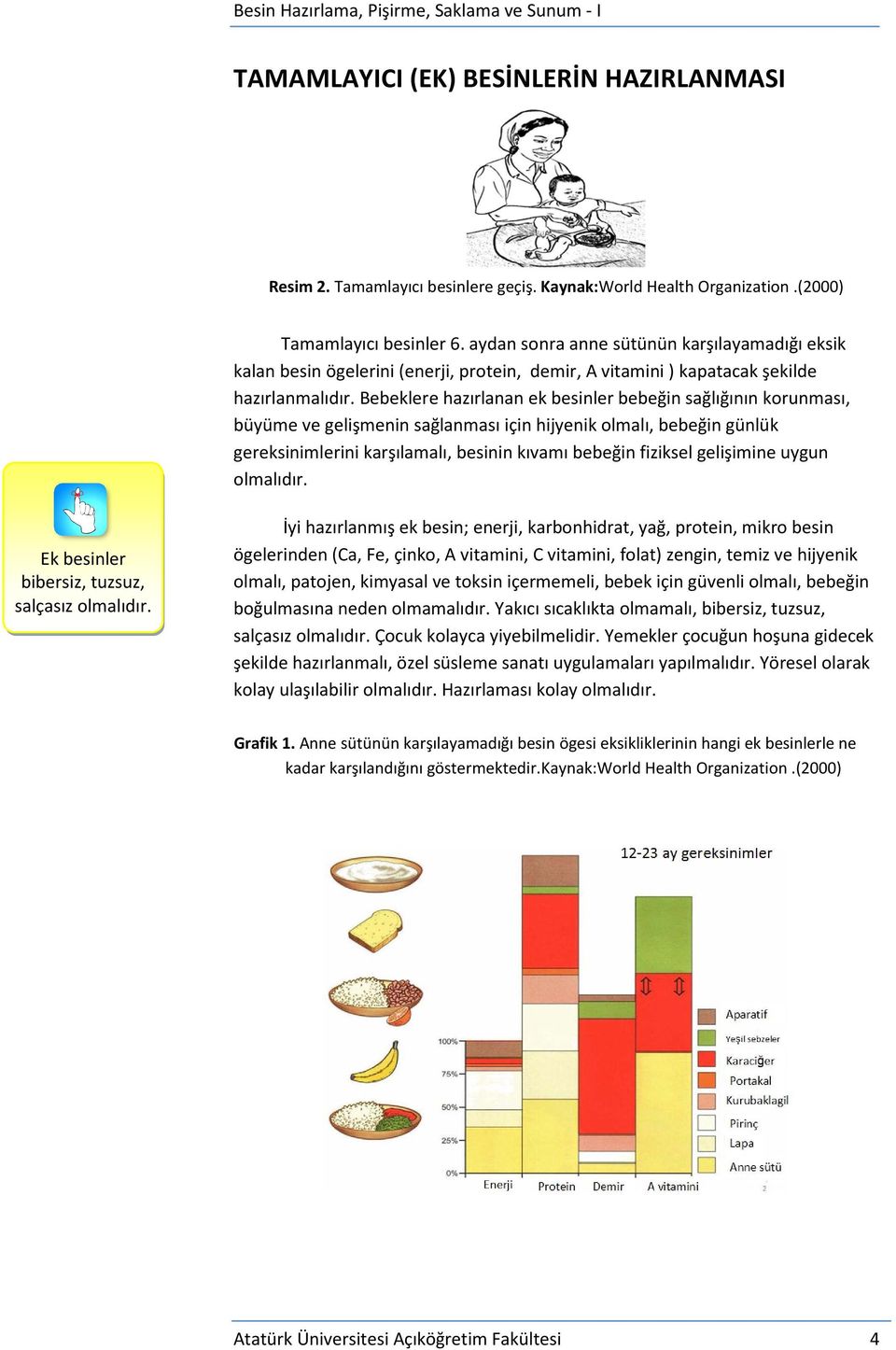 Bebeklere hazırlanan ek besinler bebeğin sağlığının korunması, büyüme ve gelişmenin sağlanması için hijyenik olmalı, bebeğin günlük gereksinimlerini karşılamalı, besinin kıvamı bebeğin fiziksel