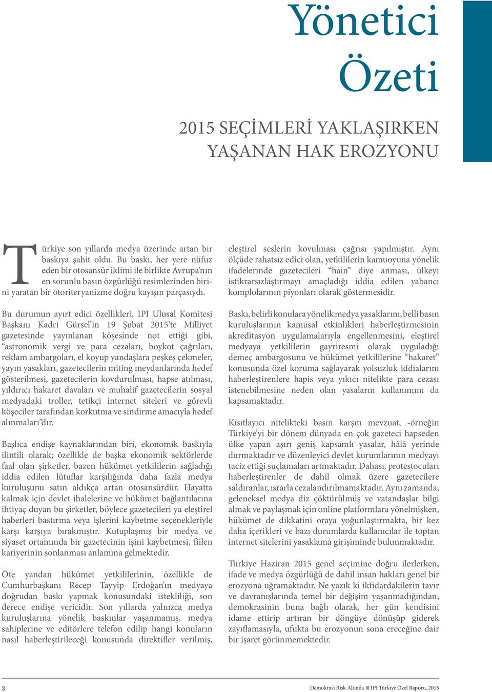 Bu durumun ayırt edici özellikleri, IPI Ulusal Komitesi Başkanı Kadri Gürsel in 19 Şubat 2015 te Milliyet gazetesinde yayınlanan köşesinde not ettiği gibi, astronomik vergi ve para cezaları, boykot