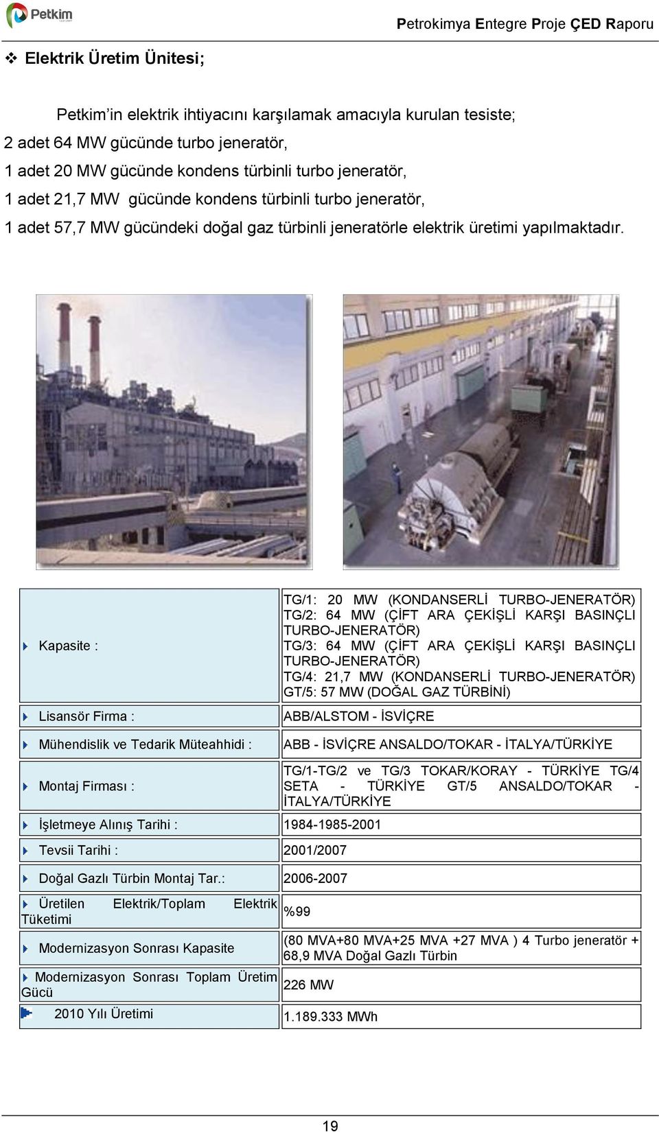 Kapasite : Lisansör Firma : Mühendislik ve Tedarik Müteahhidi : TG/1: 20 MW (KONDANSERLĠ TURBO-JENERATÖR) TG/2: 64 MW (ÇĠFT ARA ÇEKĠġLĠ KARġI BASINÇLI TURBO-JENERATÖR) TG/3: 64 MW (ÇĠFT ARA ÇEKĠġLĠ