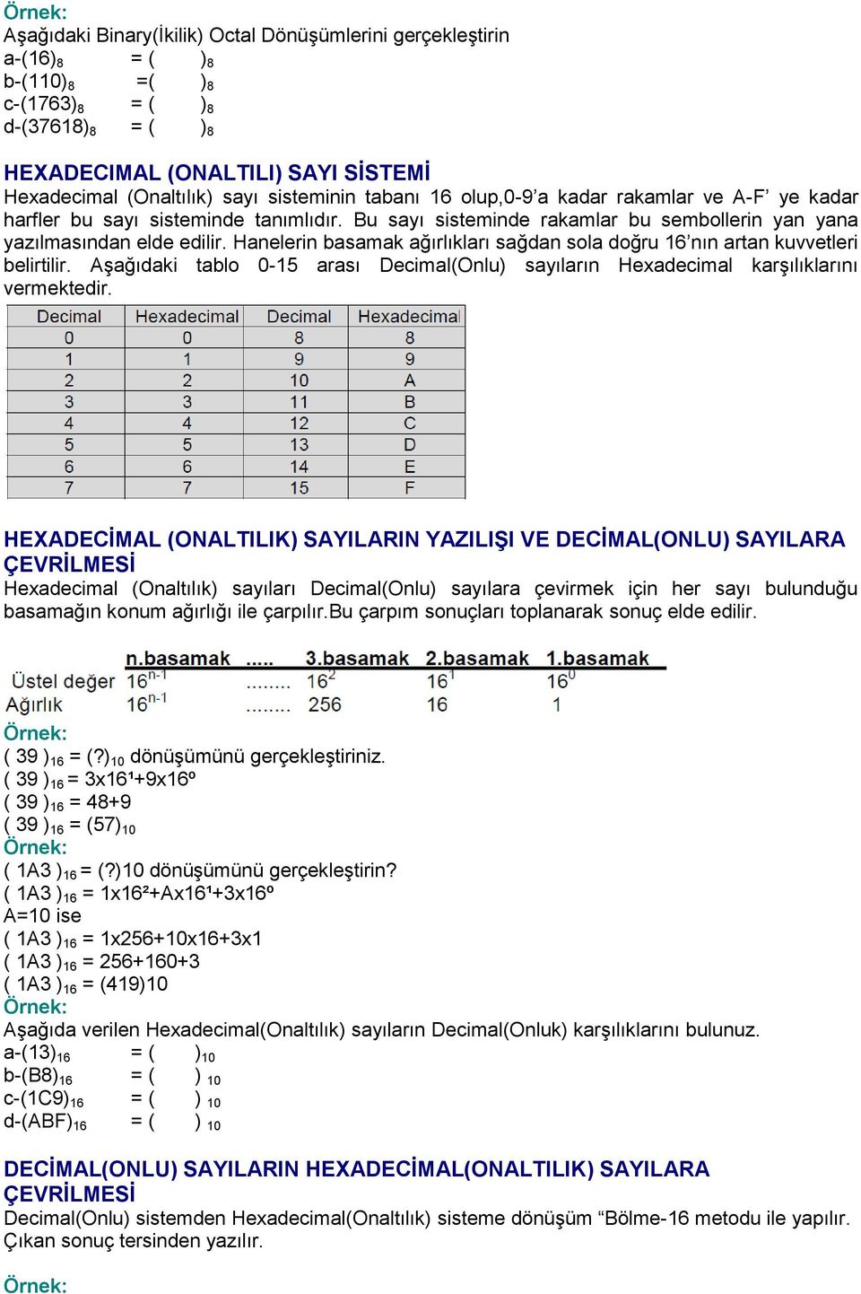 Hanelerin basamak ağırlıkları sağdan sola doğru 16 nın artan kuvvetleri belirtilir. AĢağıdaki tablo 0-15 arası Decimal(Onlu) sayıların Hexadecimal karģılıklarını vermektedir.