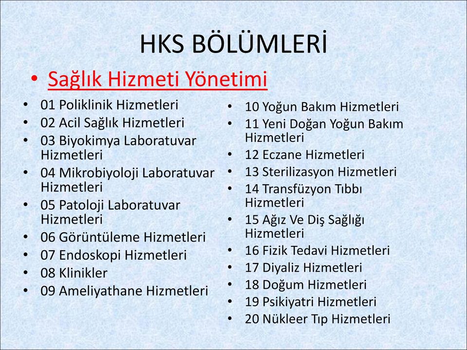 Yönetimi 10 Yoğun Bakım Hizmetleri 11 Yeni Doğan Yoğun Bakım Hizmetleri 12 Eczane Hizmetleri 13 Sterilizasyon Hizmetleri 14 Transfüzyon Tıbbı